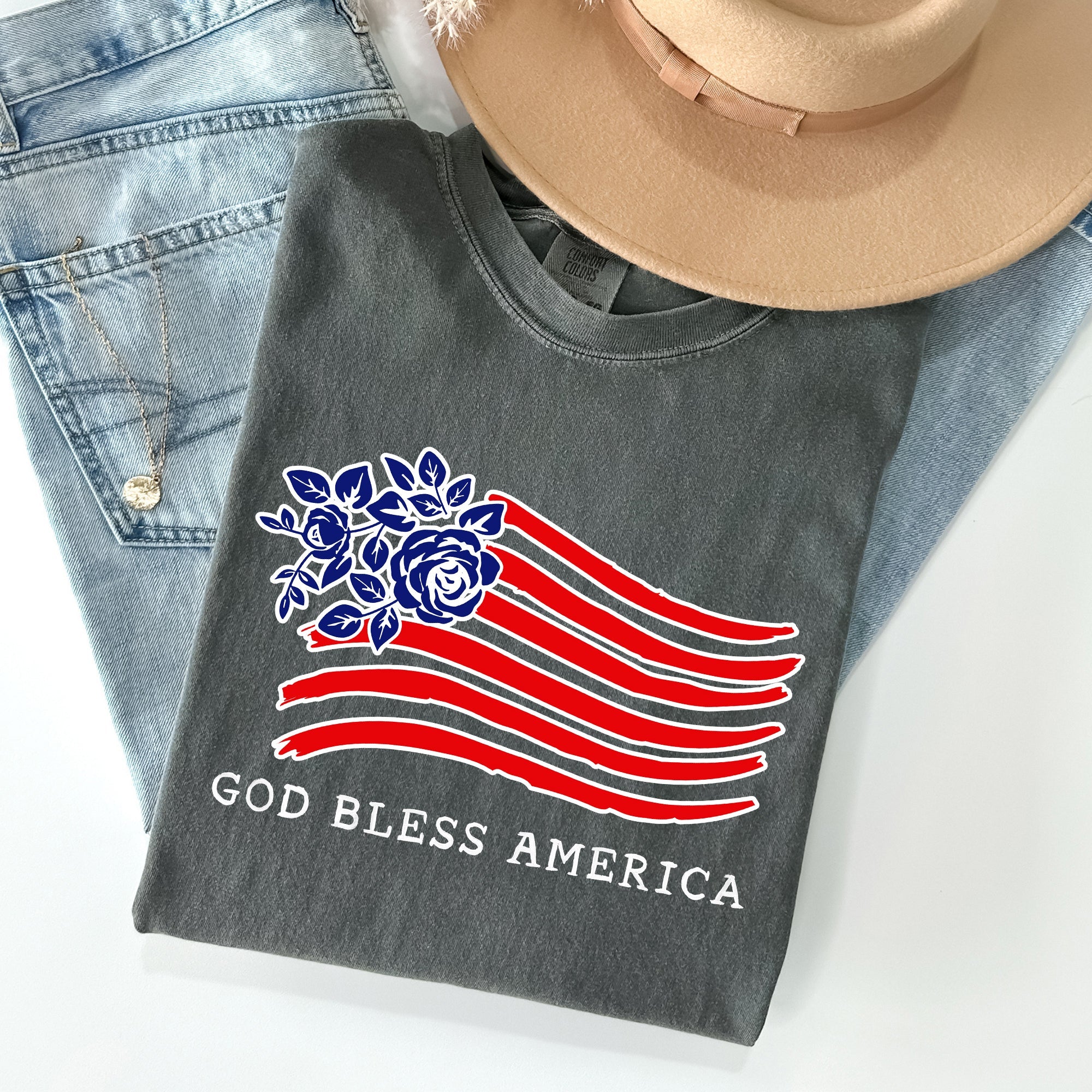 God Bless America Flower Flag Patriotic Design For Freedom And Country Pride Comfort Colors Tee