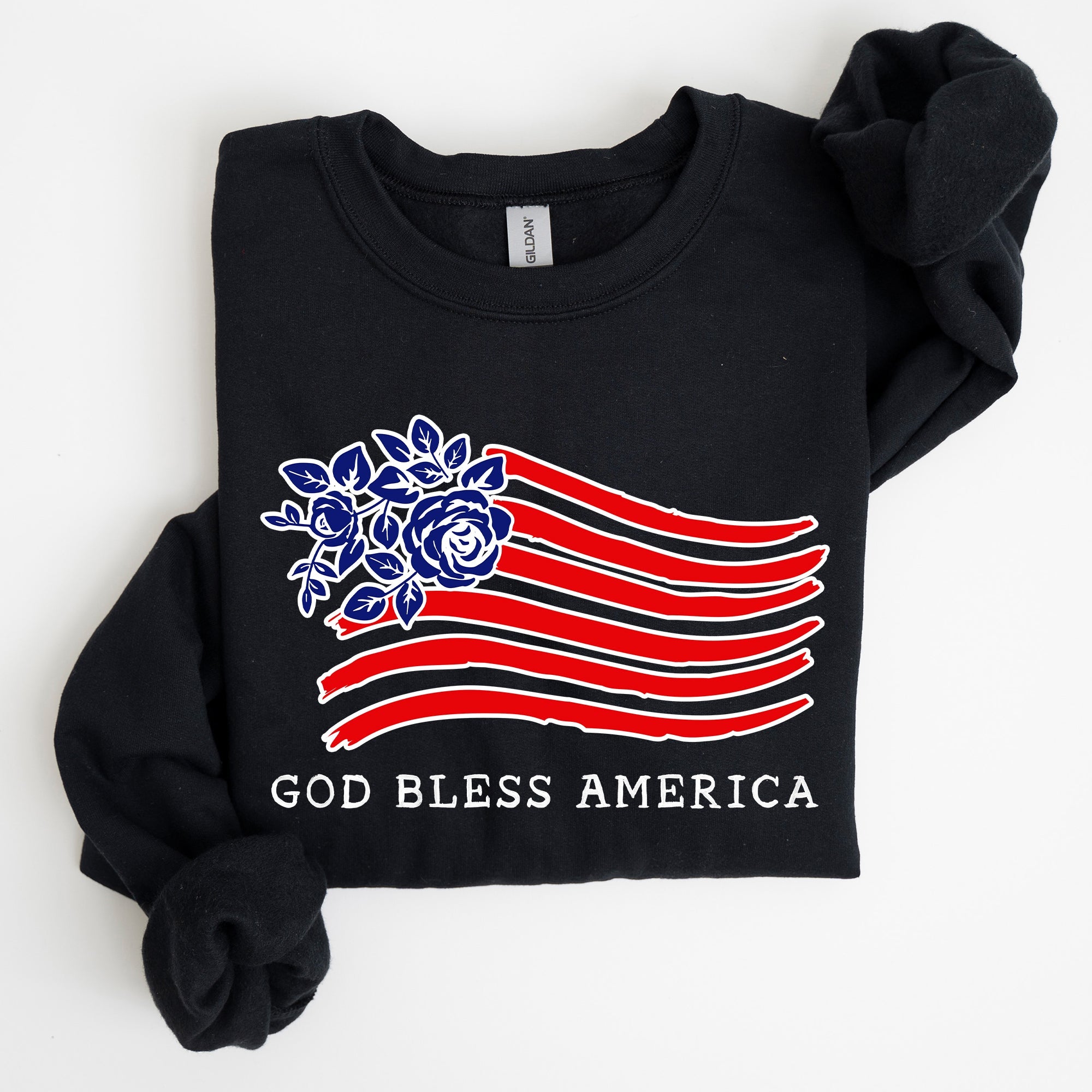 God Bless America Flower Flag 4th Of July Patriotic Floral Pattern Vintage Style Sweatshirt