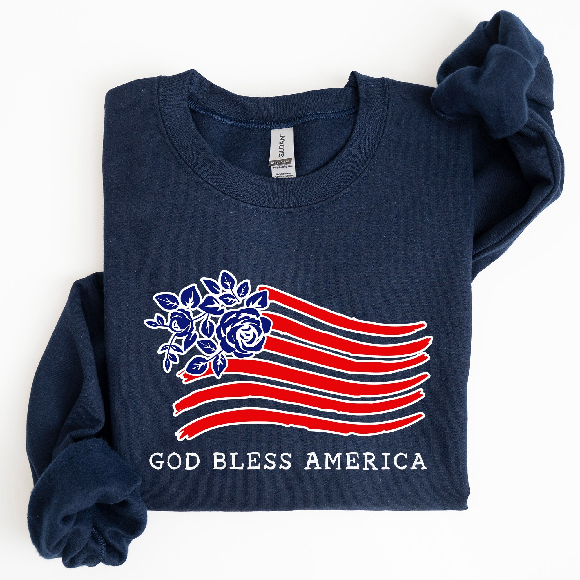 God Bless America Flower Flag 4th Of July Patriotic Floral Pattern Vintage Style Sweatshirt
