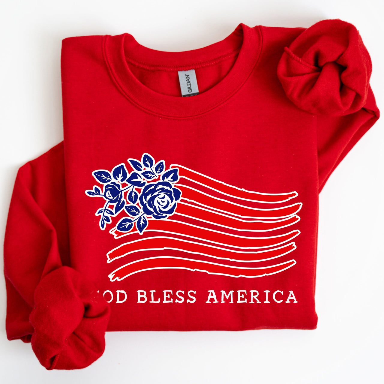 God Bless America Flower Flag 4th Of July Patriotic Floral Pattern Vintage Style Sweatshirt