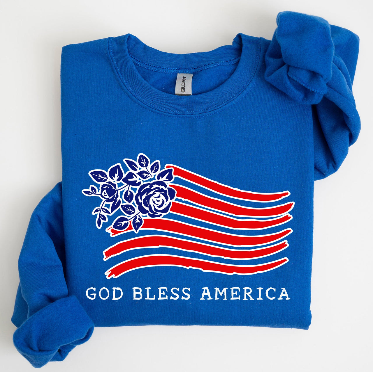 God Bless America Flower Flag 4th Of July Patriotic Floral Pattern Vintage Style Sweatshirt