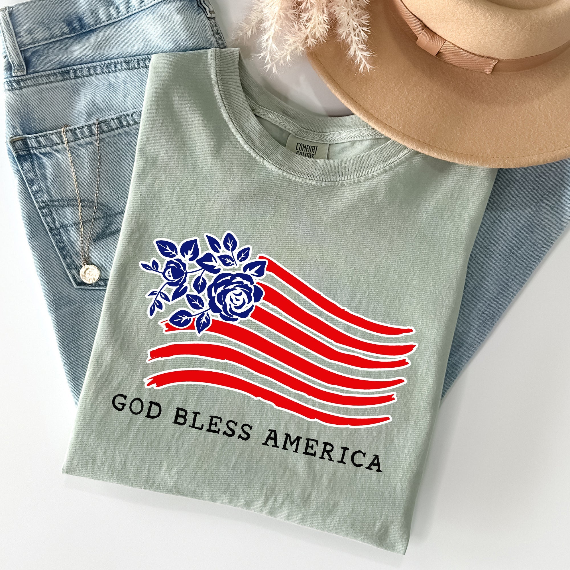God Bless America Flower Flag Patriotic Design For Freedom And Country Pride Comfort Colors Tee
