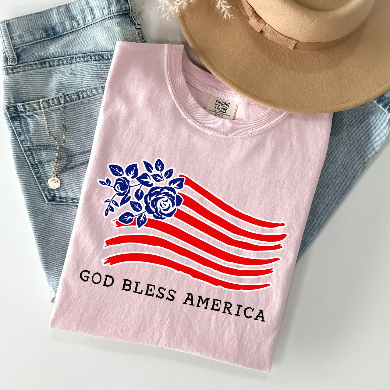 God Bless America Flower Flag Patriotic Design For Freedom And Country Pride Comfort Colors Tee