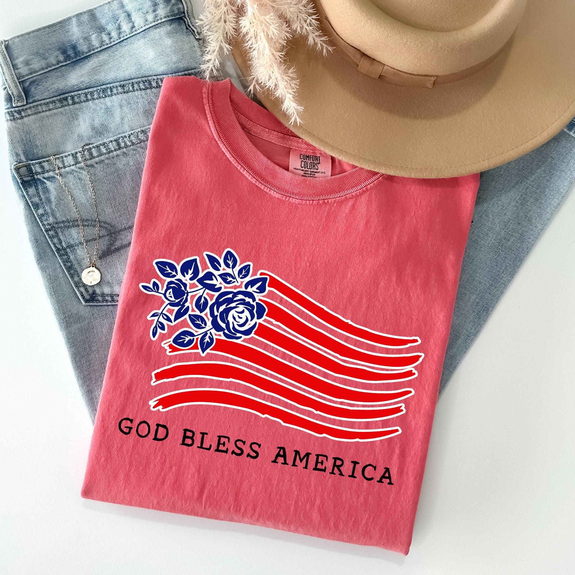God Bless America Flower Flag Patriotic Design For Freedom And Country Pride Comfort Colors Tee