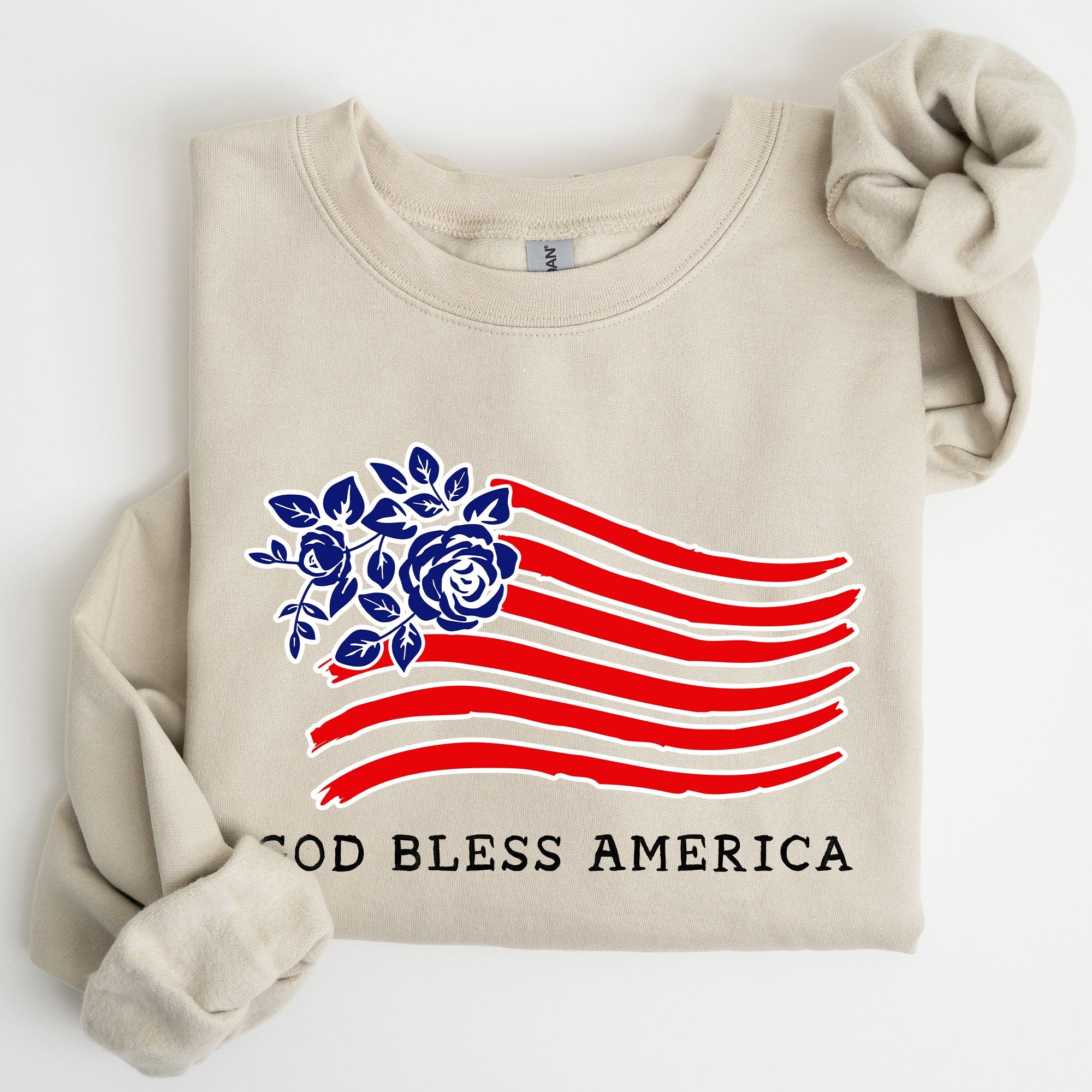 God Bless America Flower Flag 4th Of July Patriotic Floral Pattern Vintage Style Sweatshirt