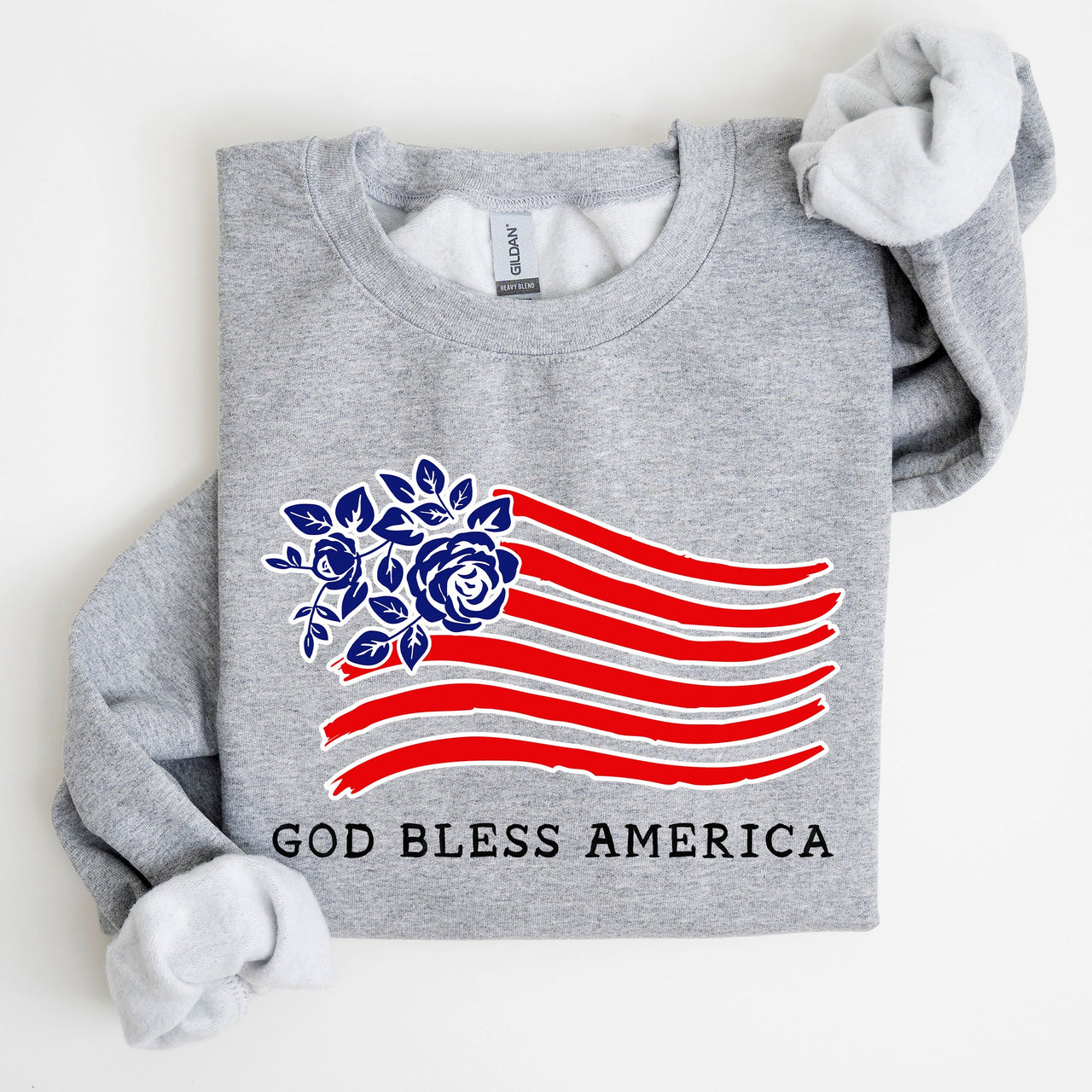 God Bless America Flower Flag 4th Of July Patriotic Floral Pattern Vintage Style Sweatshirt