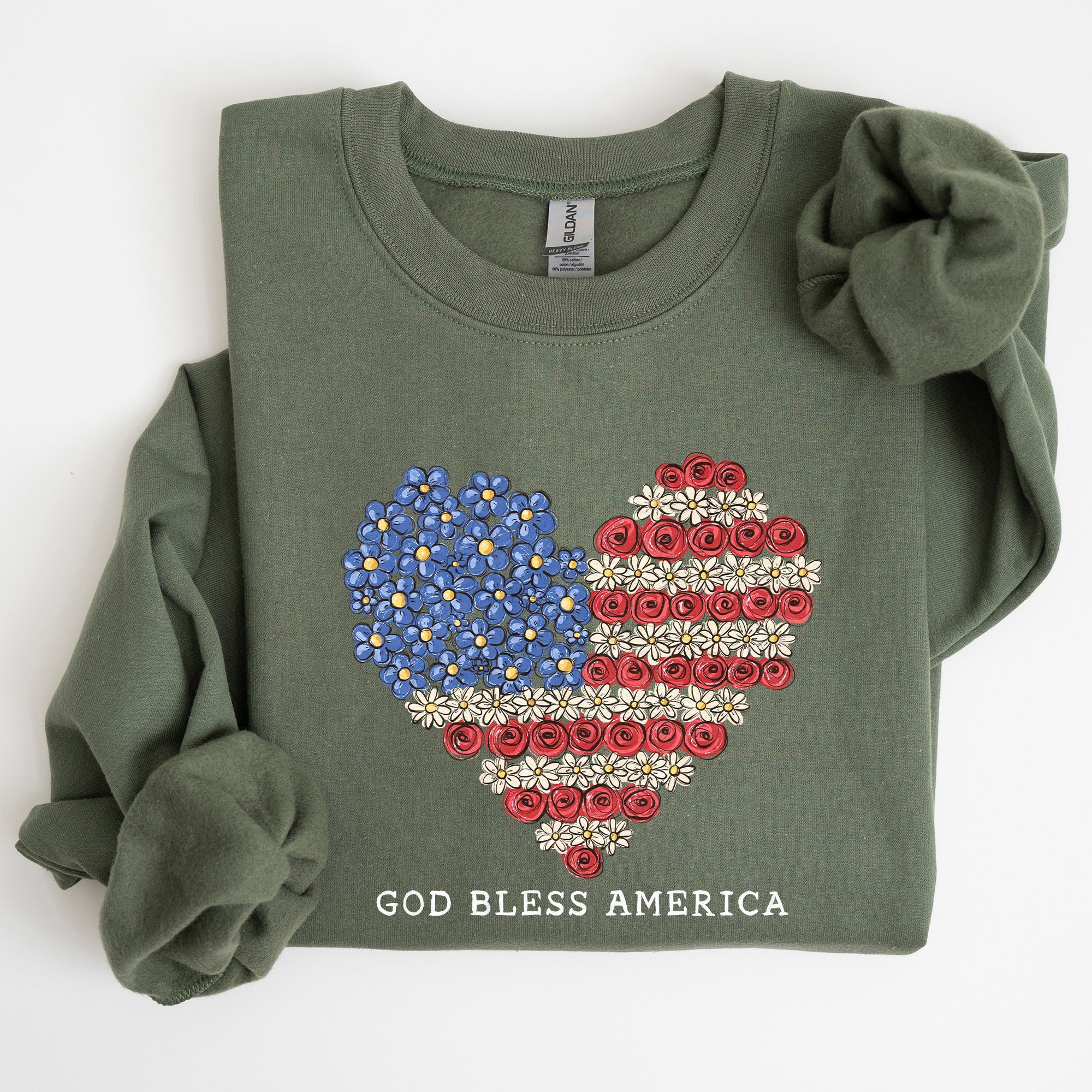 God Bless America Flowers Flag Heart Patriotic Floral Emblem Cozy Cotton Vintage Heritage Sweatshirt