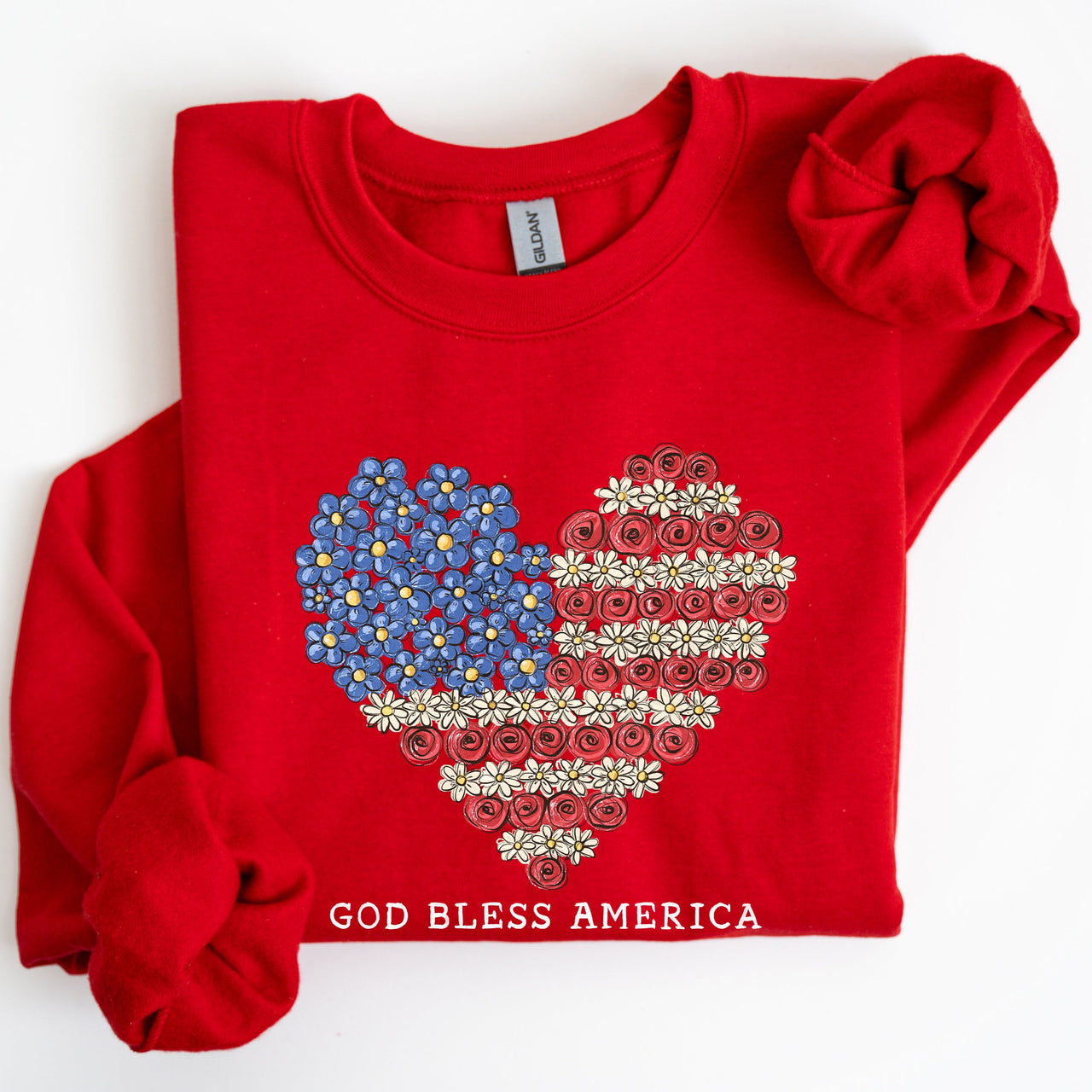 God Bless America Flowers Flag Heart Patriotic Floral Emblem Cozy Cotton Vintage Heritage Sweatshirt