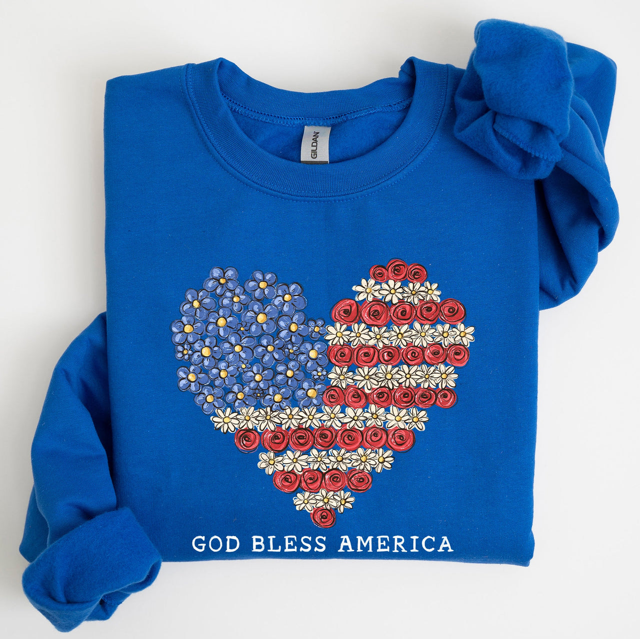 God Bless America Flowers Flag Heart Patriotic Floral Emblem Cozy Cotton Vintage Heritage Sweatshirt