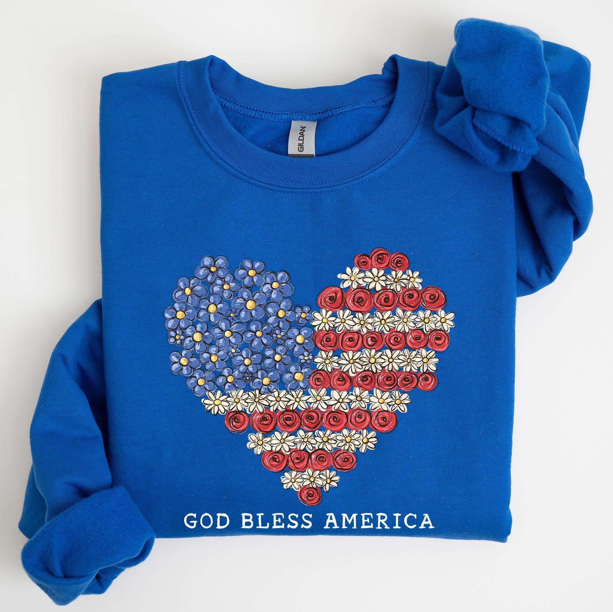 God Bless America Flowers Flag Heart Patriotic Floral Emblem Cozy Cotton Vintage Heritage Sweatshirt