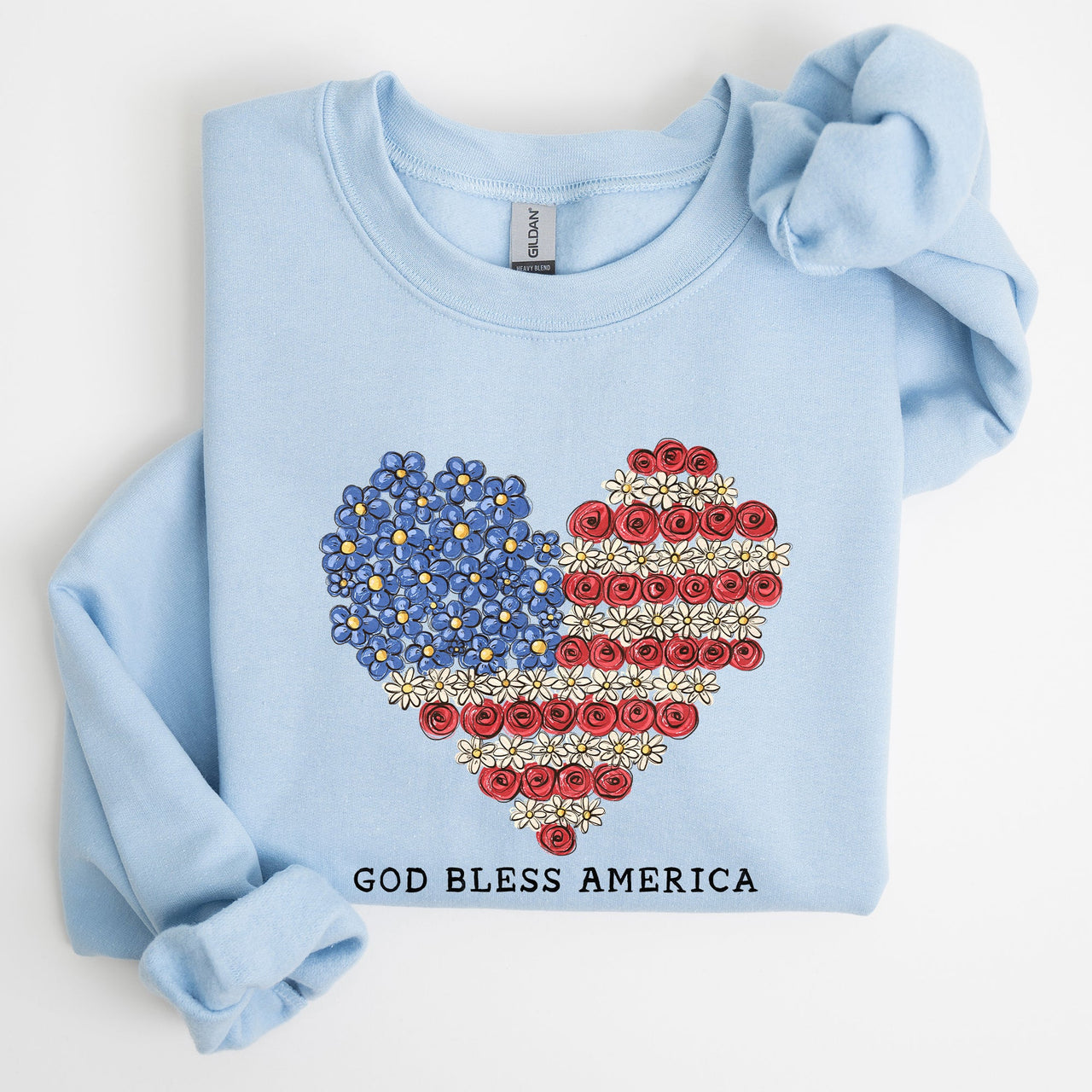 God Bless America Flowers Flag Heart Patriotic Floral Emblem Cozy Cotton Vintage Heritage Sweatshirt