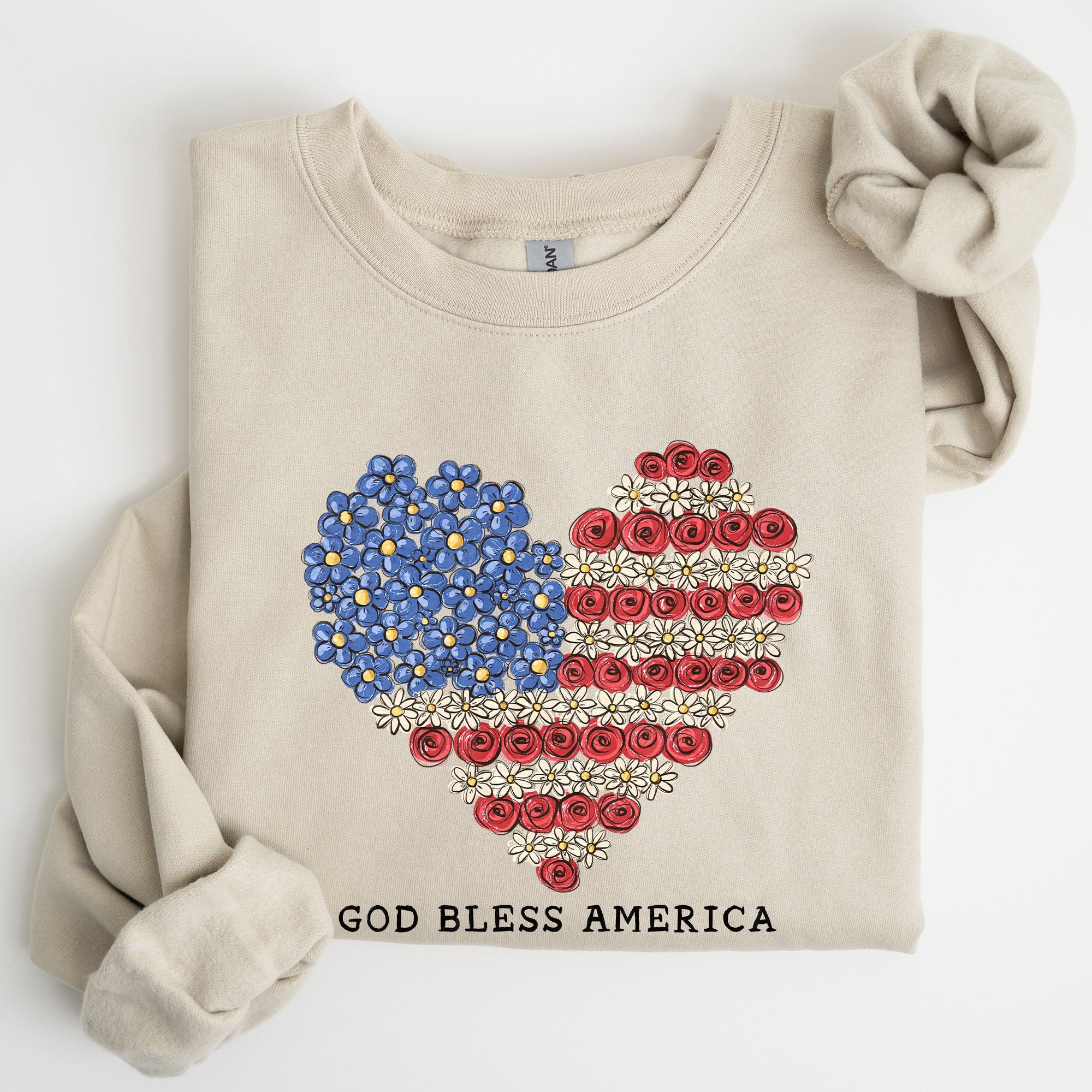 God Bless America Flowers Flag Heart Patriotic Floral Emblem Cozy Cotton Vintage Heritage Sweatshirt