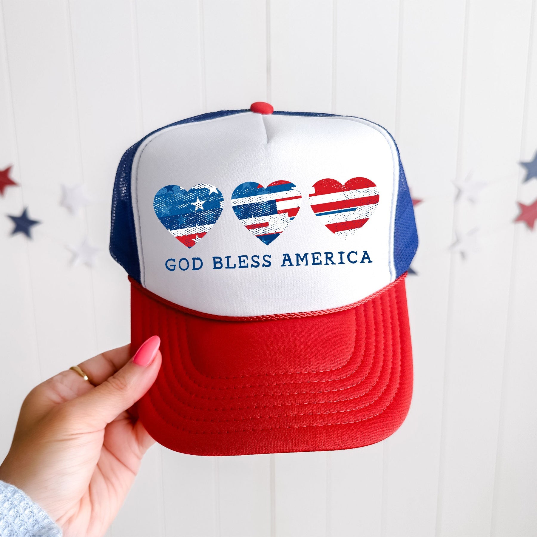 God Bless America Hearts Patriotic Embroidered USA Flag Patch American Pride Trucker Hat