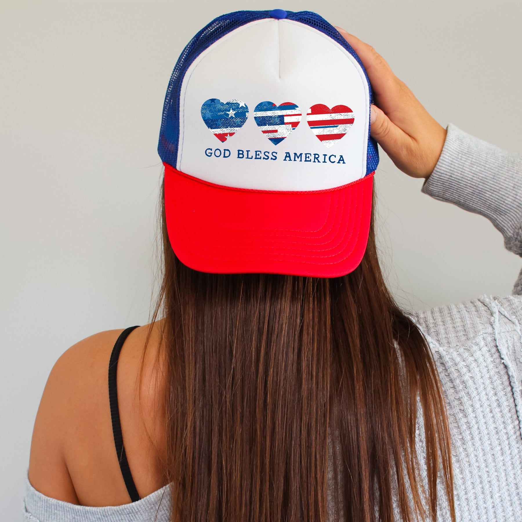 God Bless America Hearts Patriotic Embroidered USA Flag Patch American Pride Trucker Hat