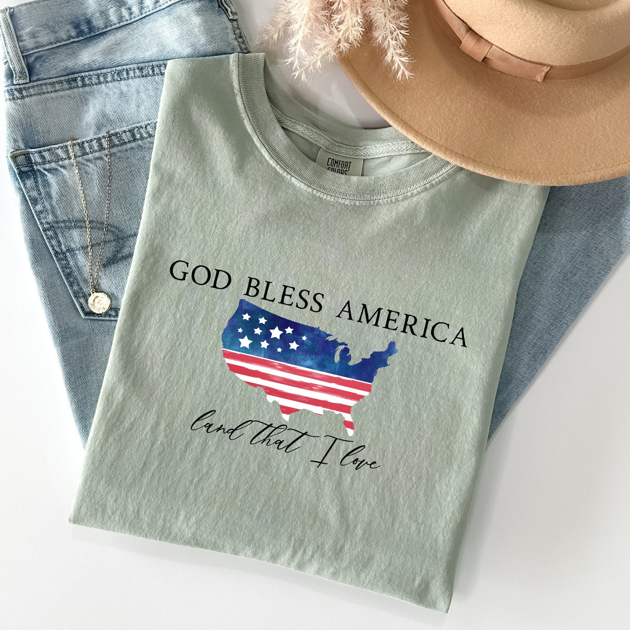 God Bless America, Land That I Love, USA Flag Proud American Patriot Comfort Colors Tee