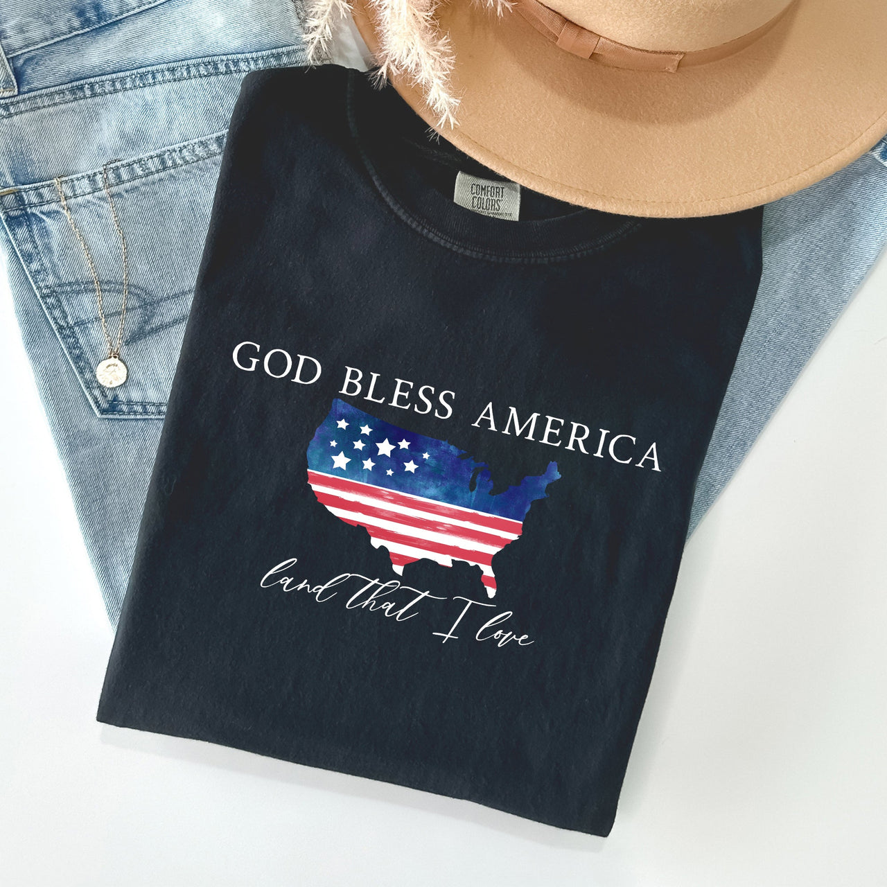 God Bless America, Land That I Love, USA Flag Proud American Patriot Comfort Colors Tee