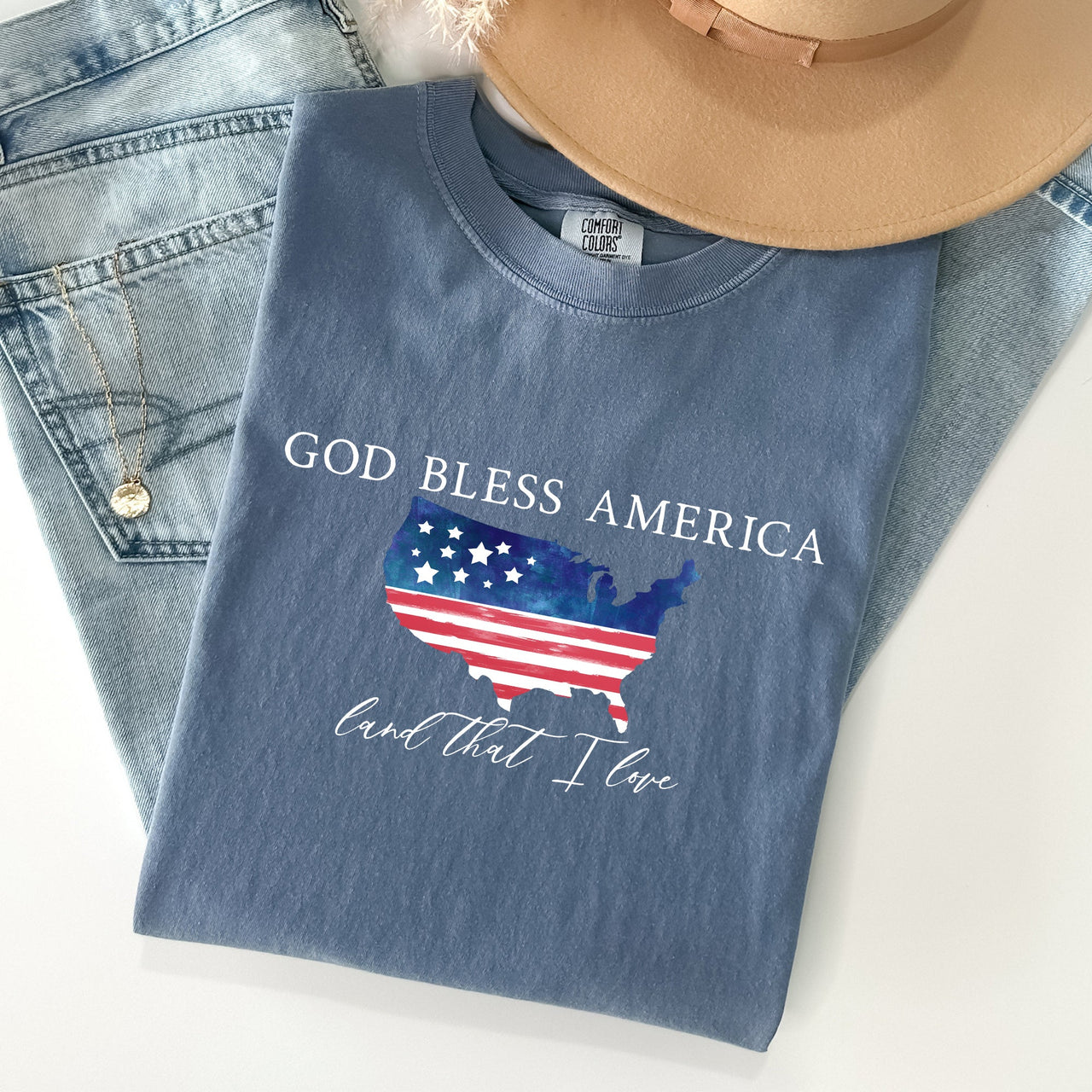 God Bless America, Land That I Love, USA Flag Proud American Patriot Comfort Colors Tee