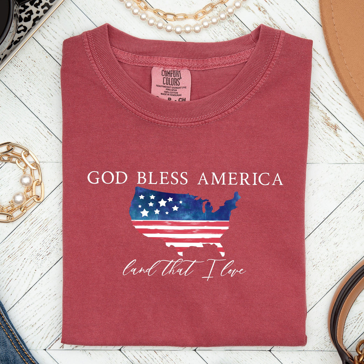 God Bless America, Land That I Love, USA Flag Proud American Patriot Comfort Colors Tee