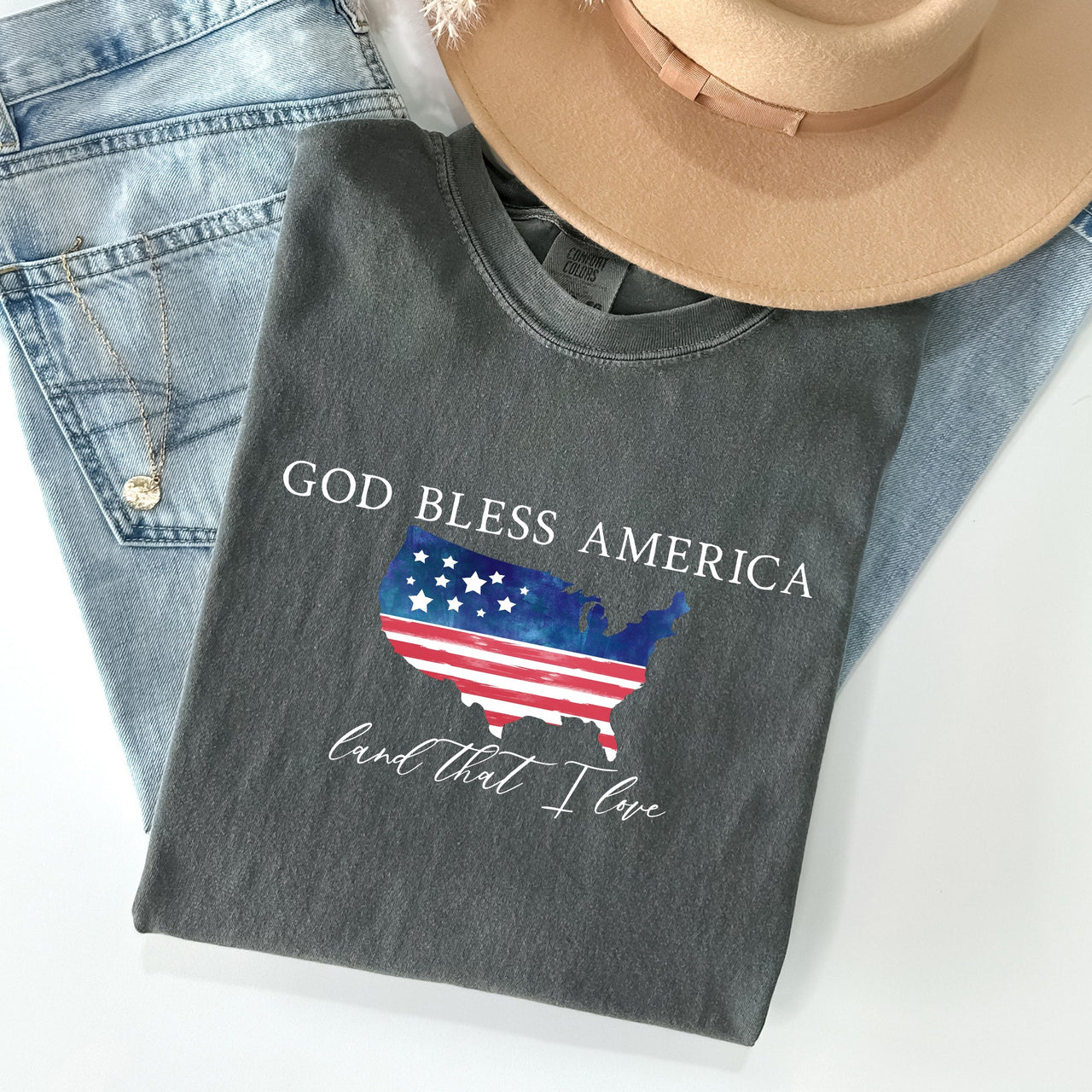 God Bless America, Land That I Love, USA Flag Proud American Patriot Comfort Colors Tee