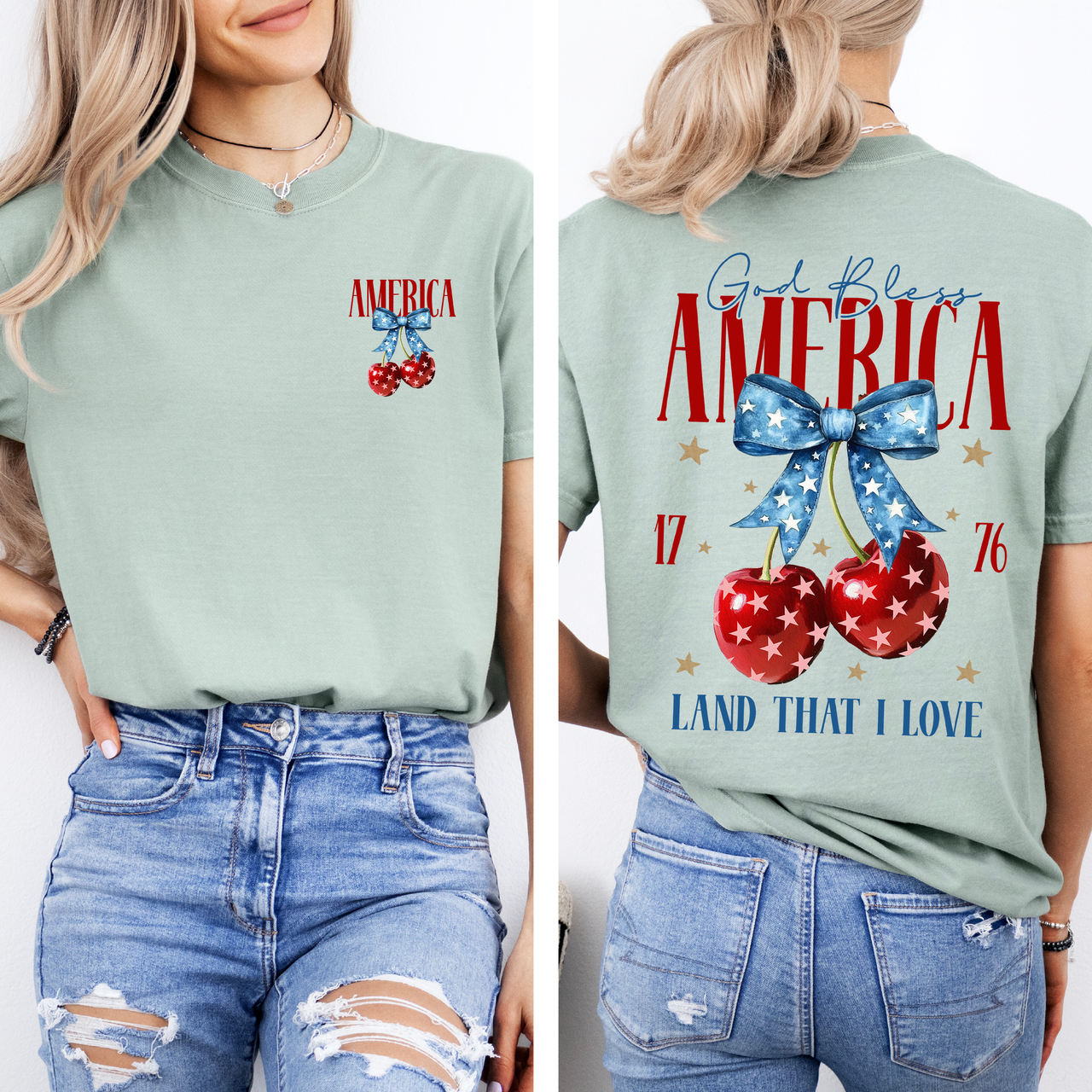 God Bless America Patriotic Cherries USA Fourth Of July Flag Design Comfort Colors Tee