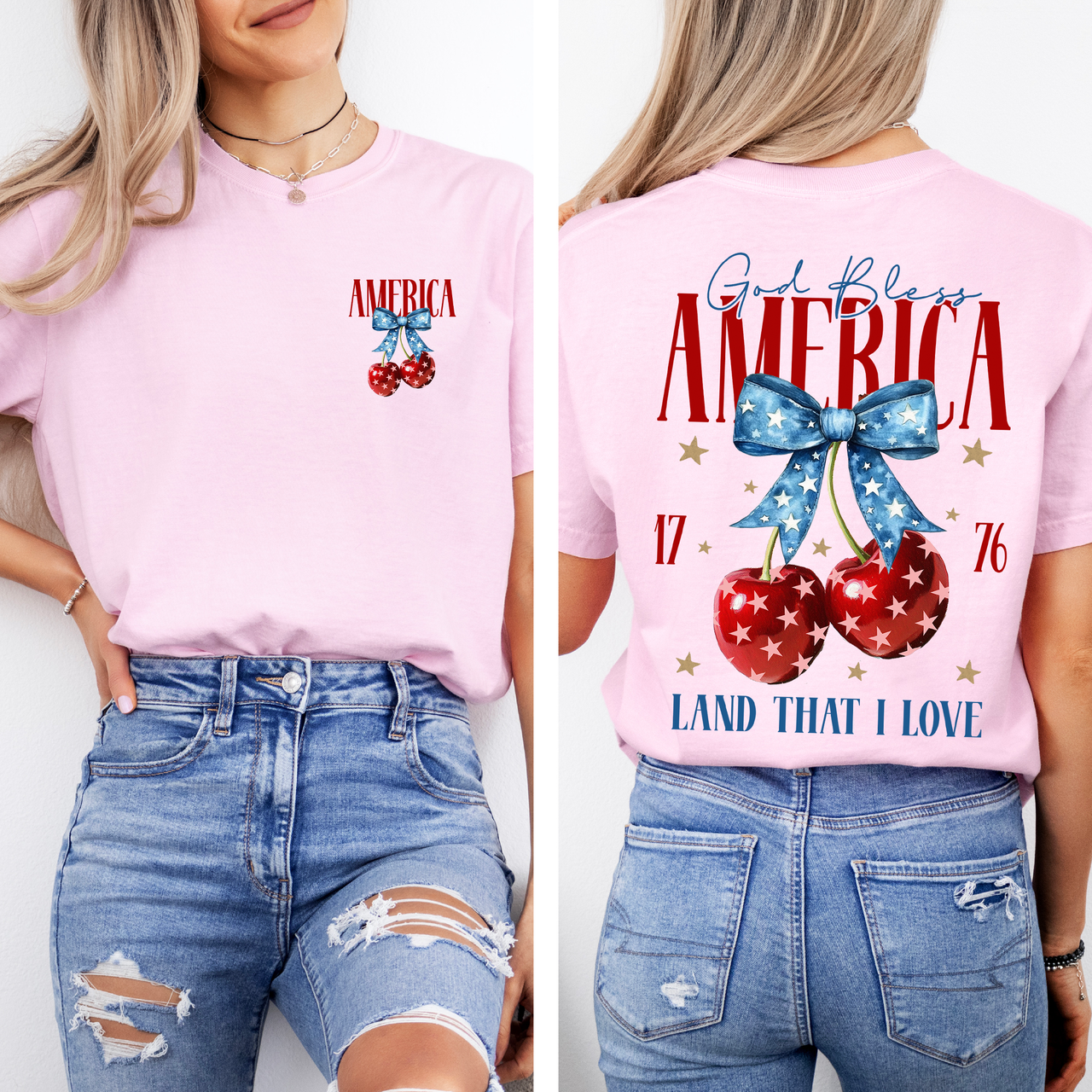 God Bless America Patriotic Cherries USA Fourth Of July Flag Design Comfort Colors Tee
