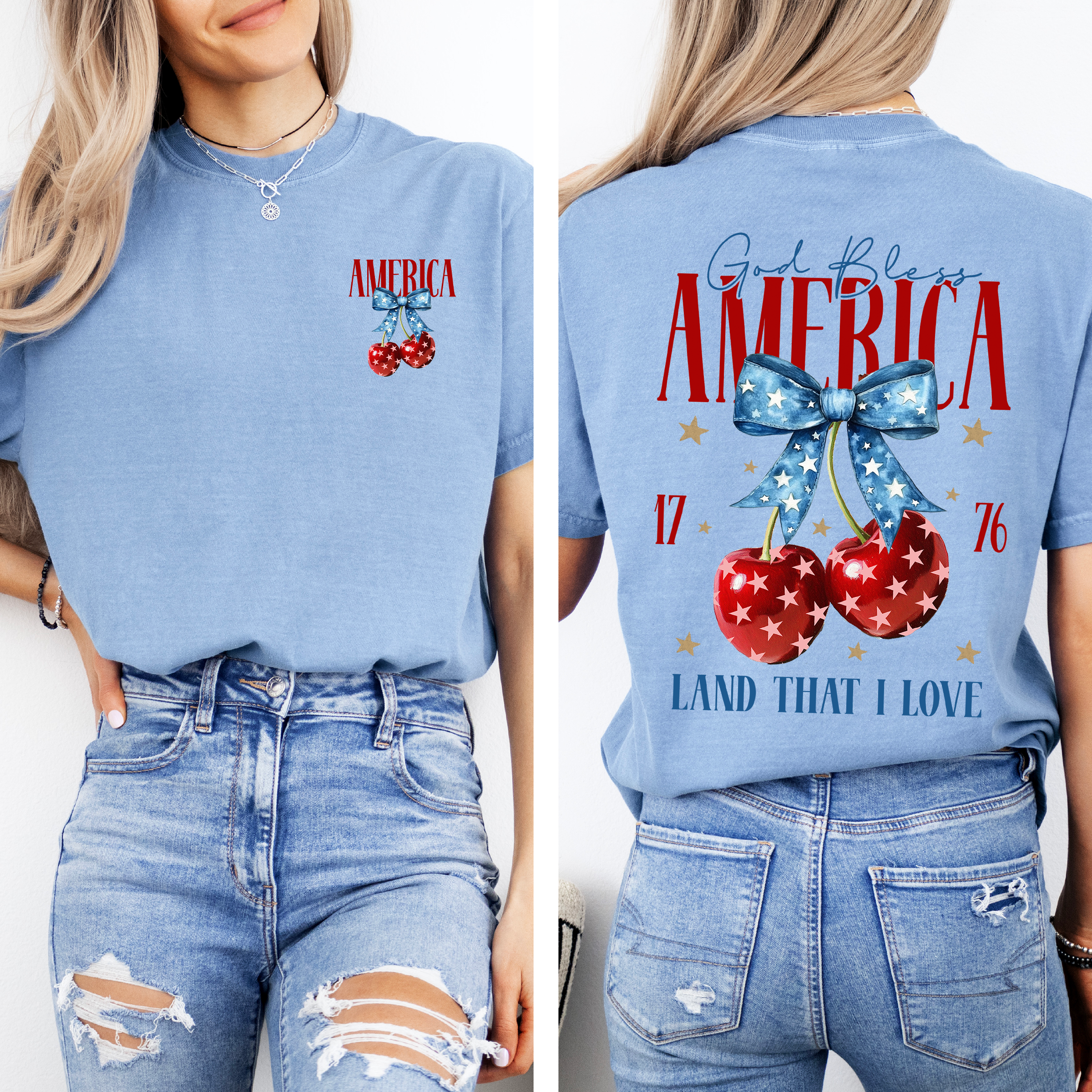 God Bless America Patriotic Cherries USA Fourth Of July Flag Design Comfort Colors Tee