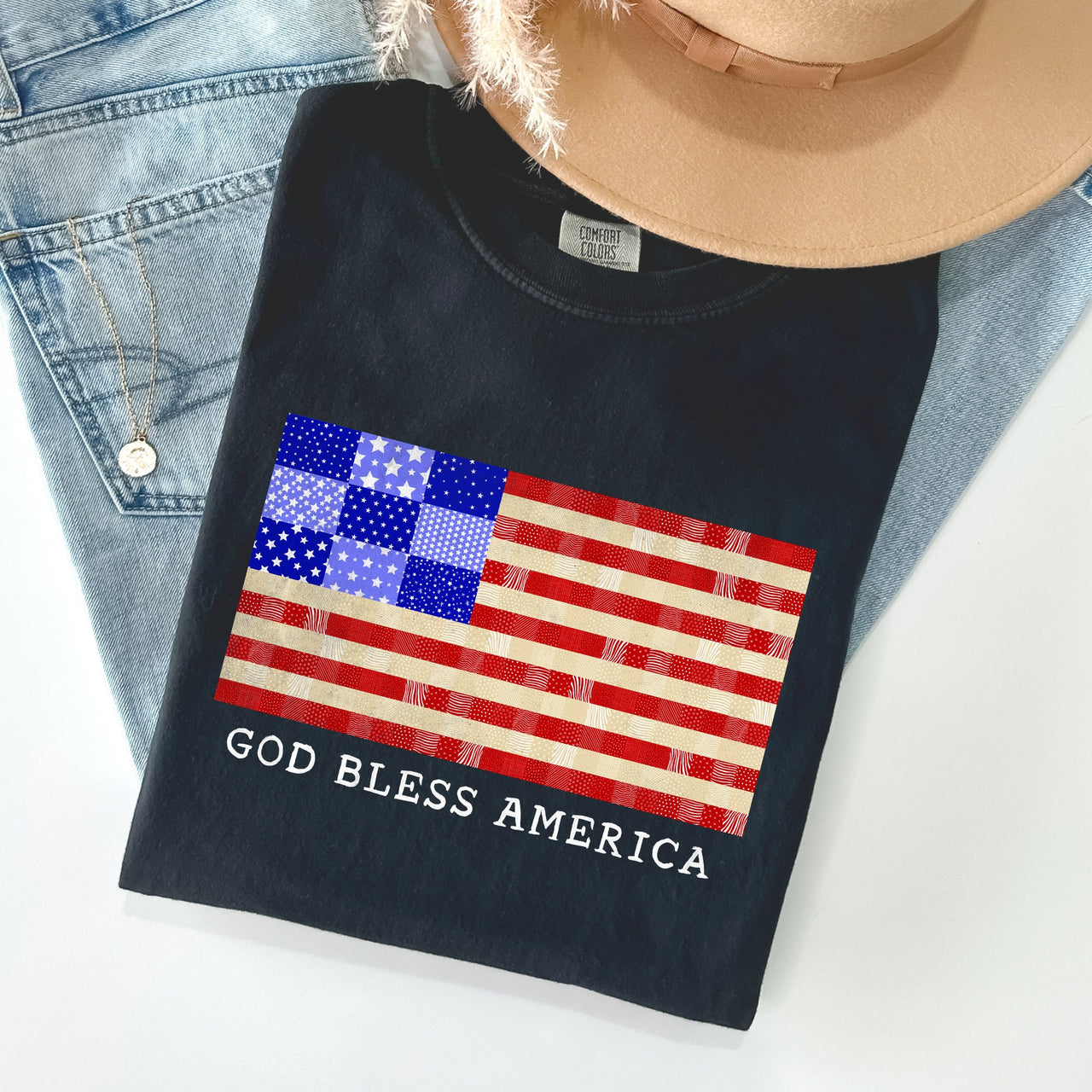 God Bless America Land That I Love USA Flag Patriotic Graphic Comfort Colors Tee