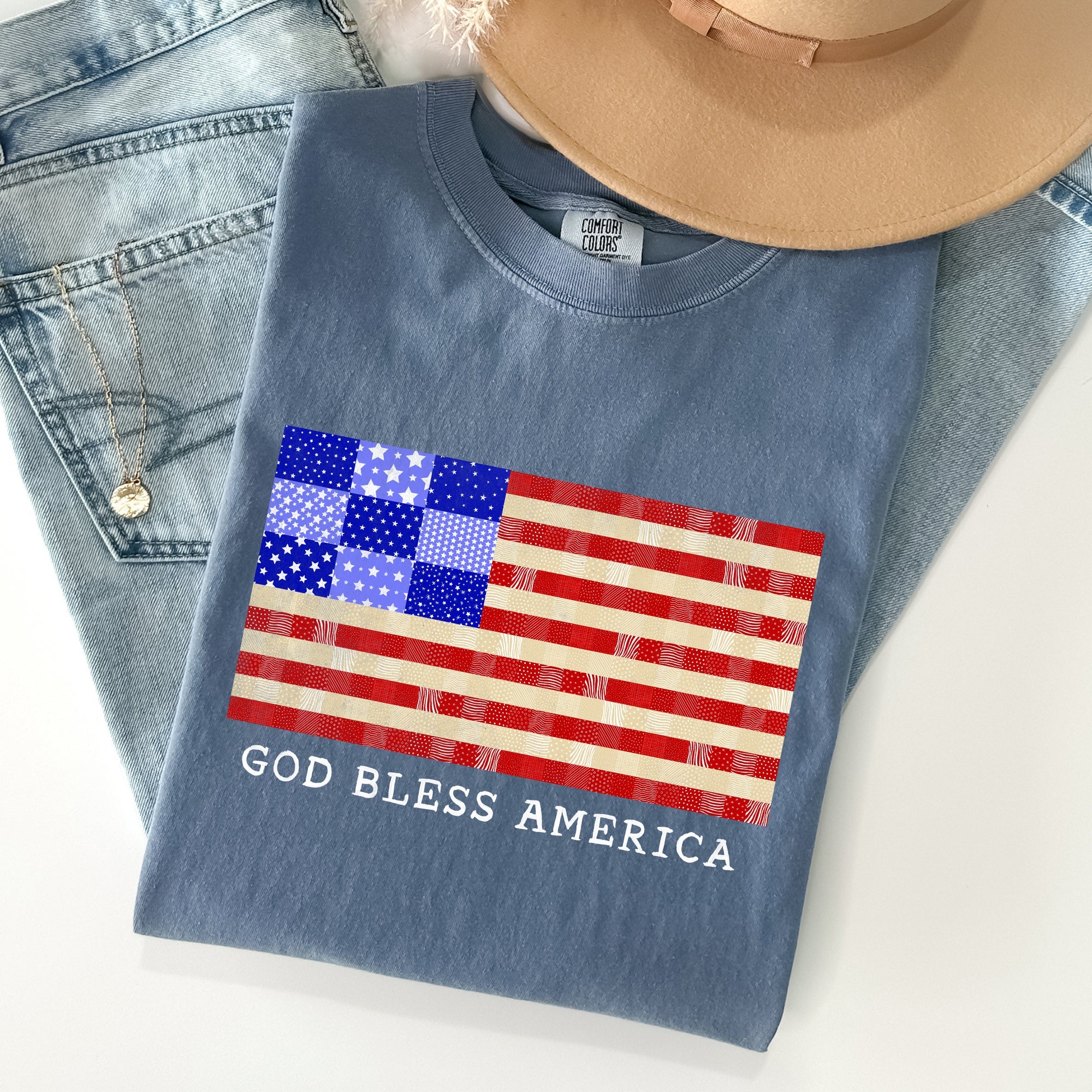 God Bless America Land That I Love USA Flag Patriotic Graphic Comfort Colors Tee