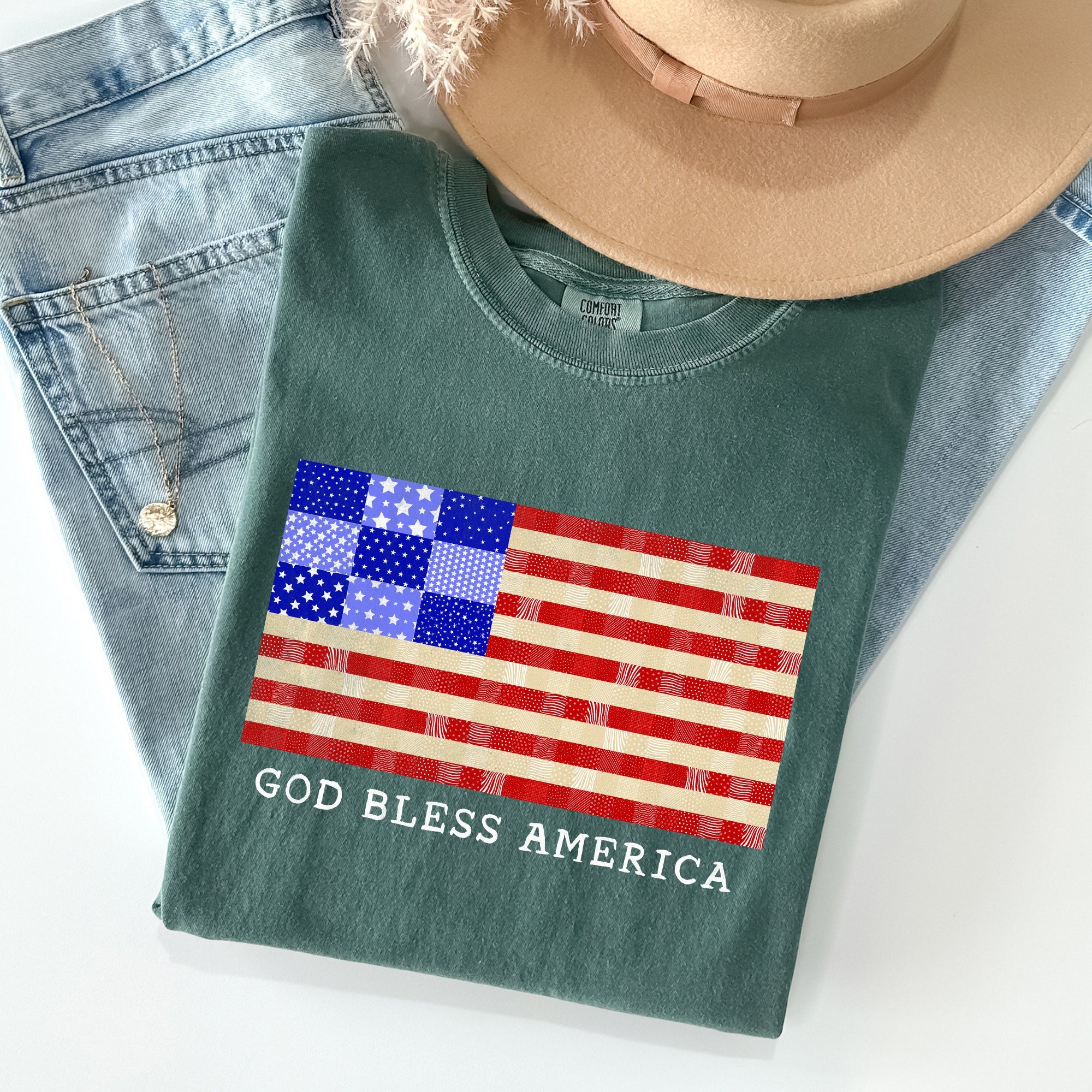 God Bless America Land That I Love USA Flag Patriotic Graphic Comfort Colors Tee