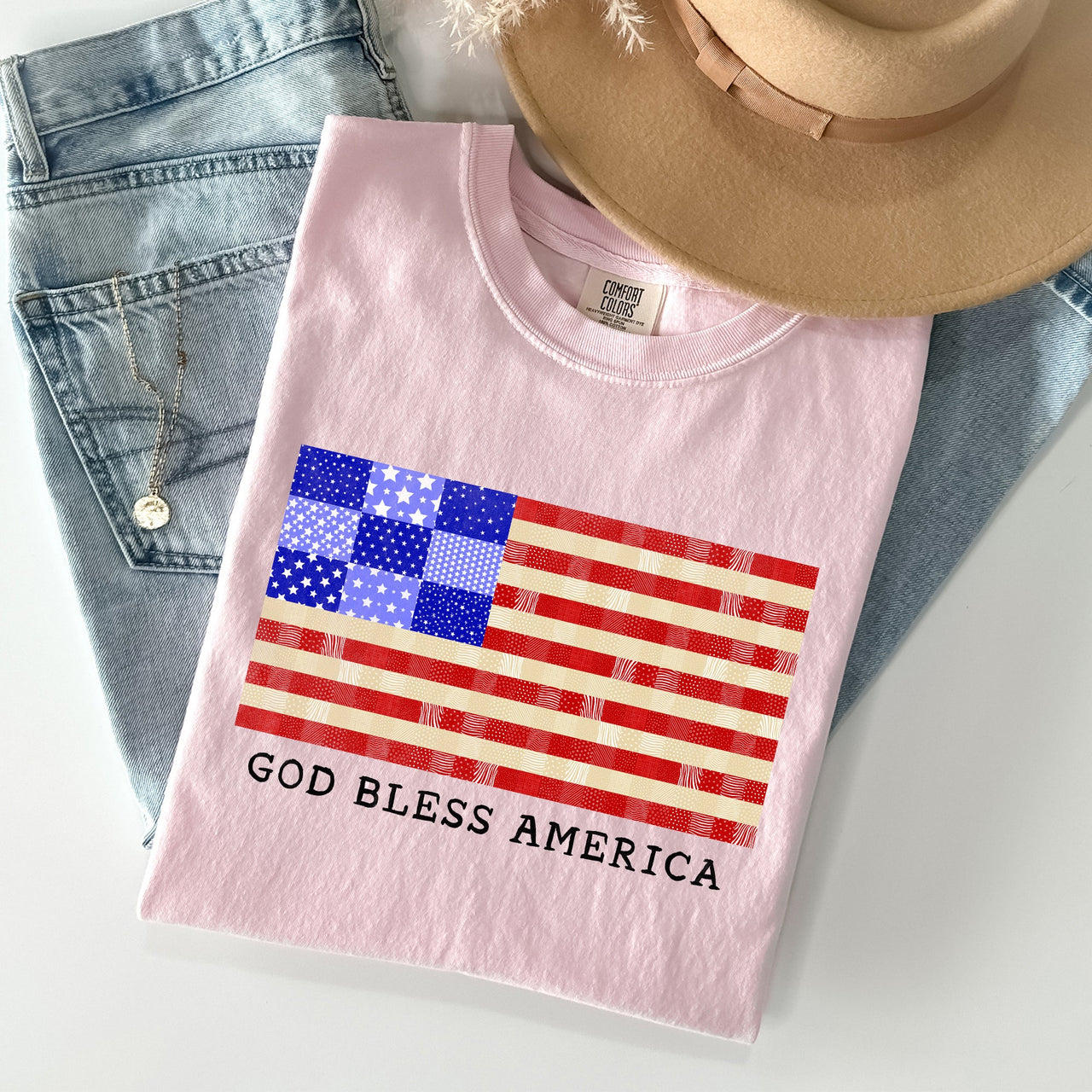 God Bless America Land That I Love USA Flag Patriotic Graphic Comfort Colors Tee