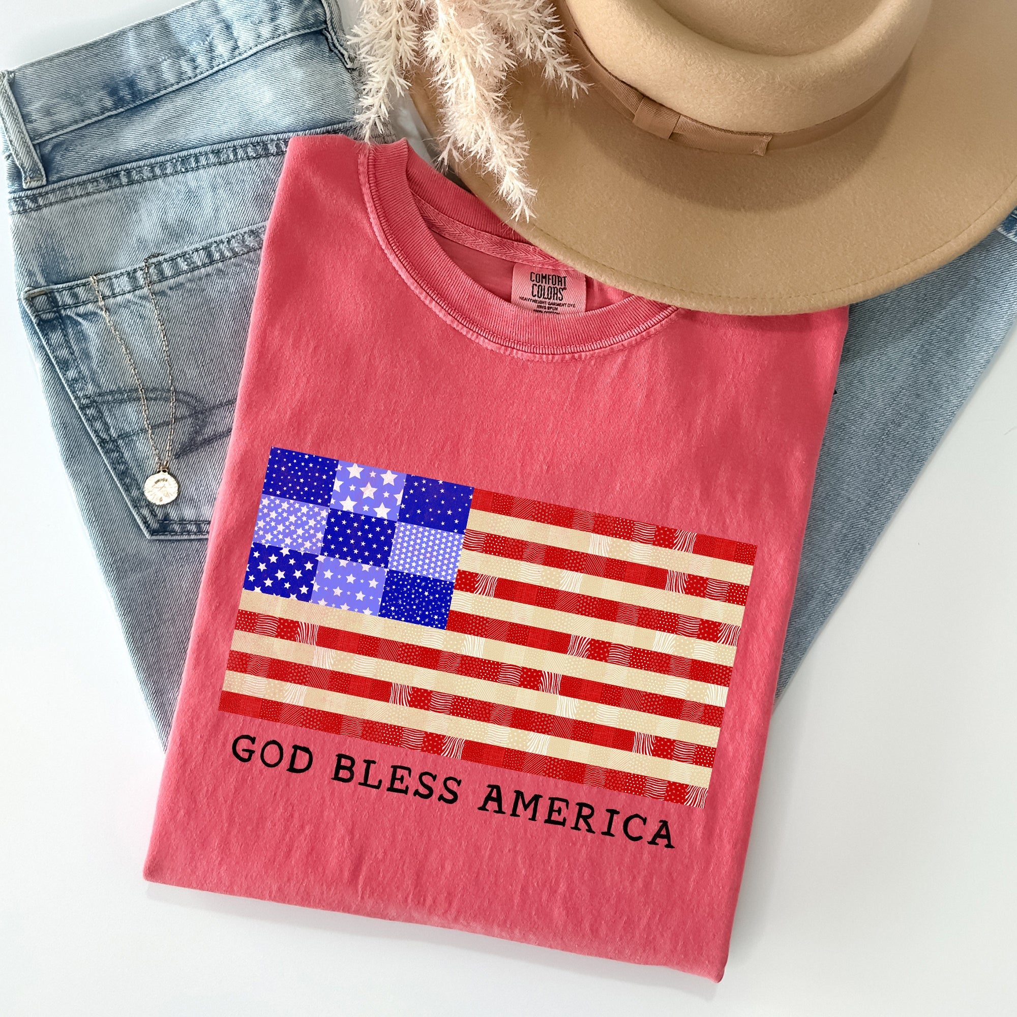 God Bless America Land That I Love USA Flag Patriotic Graphic Comfort Colors Tee