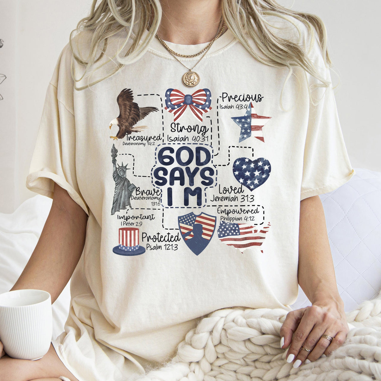 God Says I Am Patriotic Protected Strong Powerful Brave Bold Courageous Faithful Comfort Colors Tee
