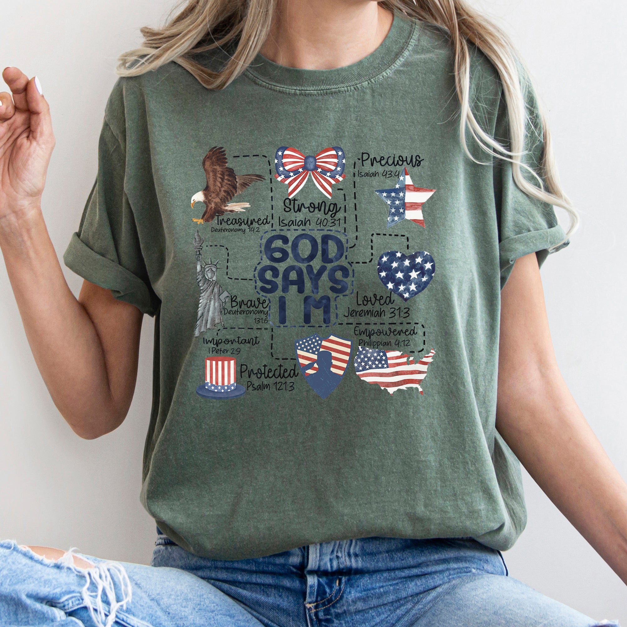 God Says I Am Patriotic Protected Strong Powerful Brave Bold Courageous Faithful Comfort Colors Tee