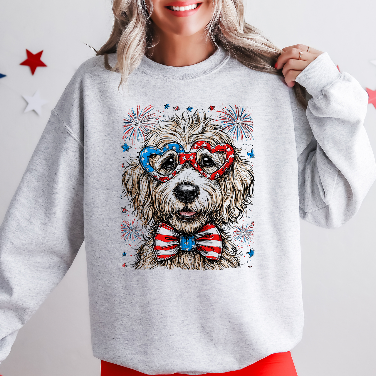 Goldendoodle Patriotic Dog American Flag With Fireworks And Stars Design Sweatshirt