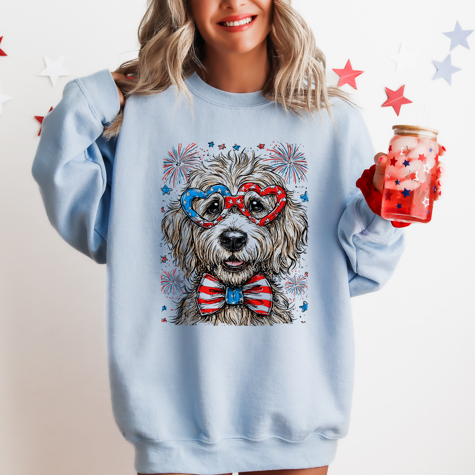 Goldendoodle Patriotic Dog American Flag With Fireworks And Stars Design Sweatshirt