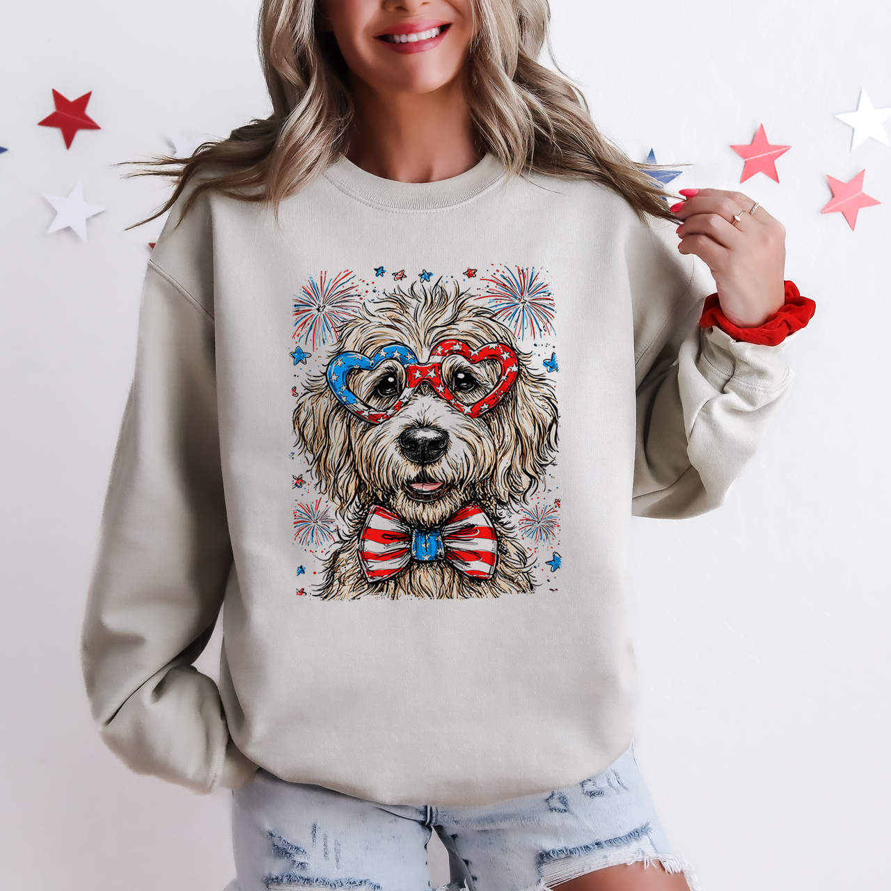 Goldendoodle Patriotic Dog American Flag With Fireworks And Stars Design Sweatshirt
