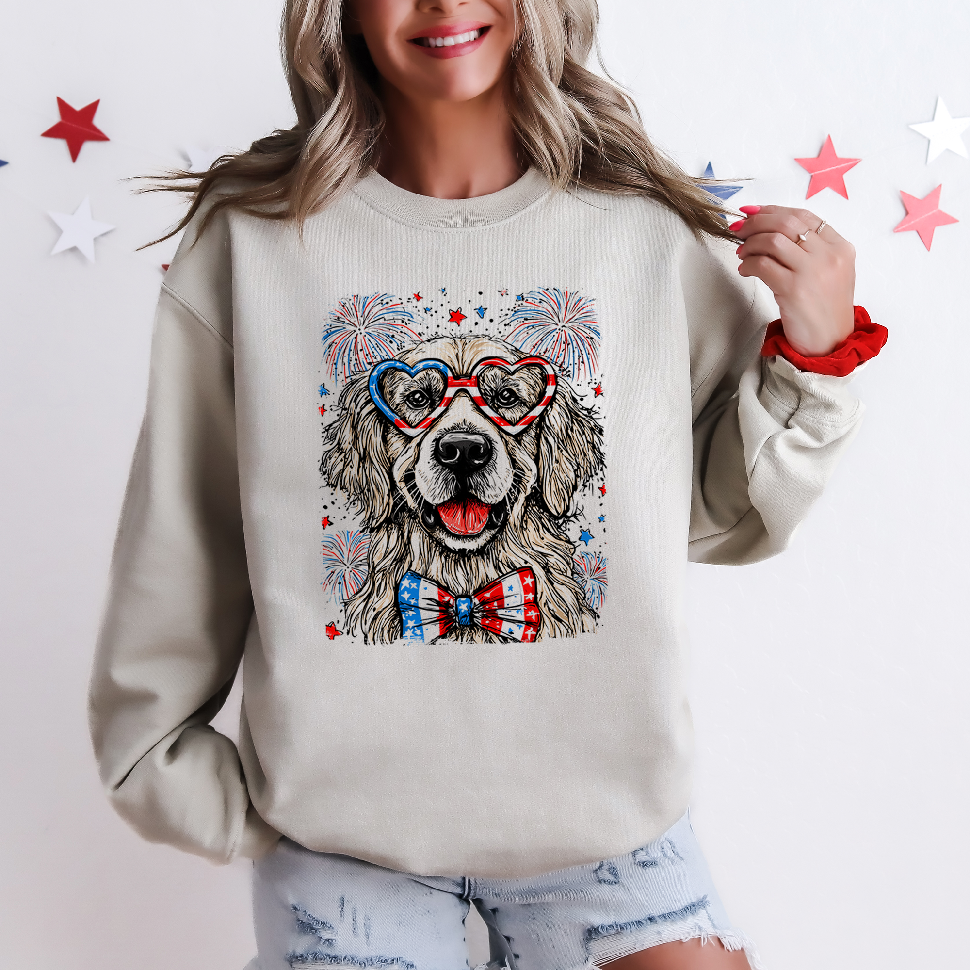 Golden Retriever Patriotic Dog With American Flag Silhouette And Stars Sweatshirt