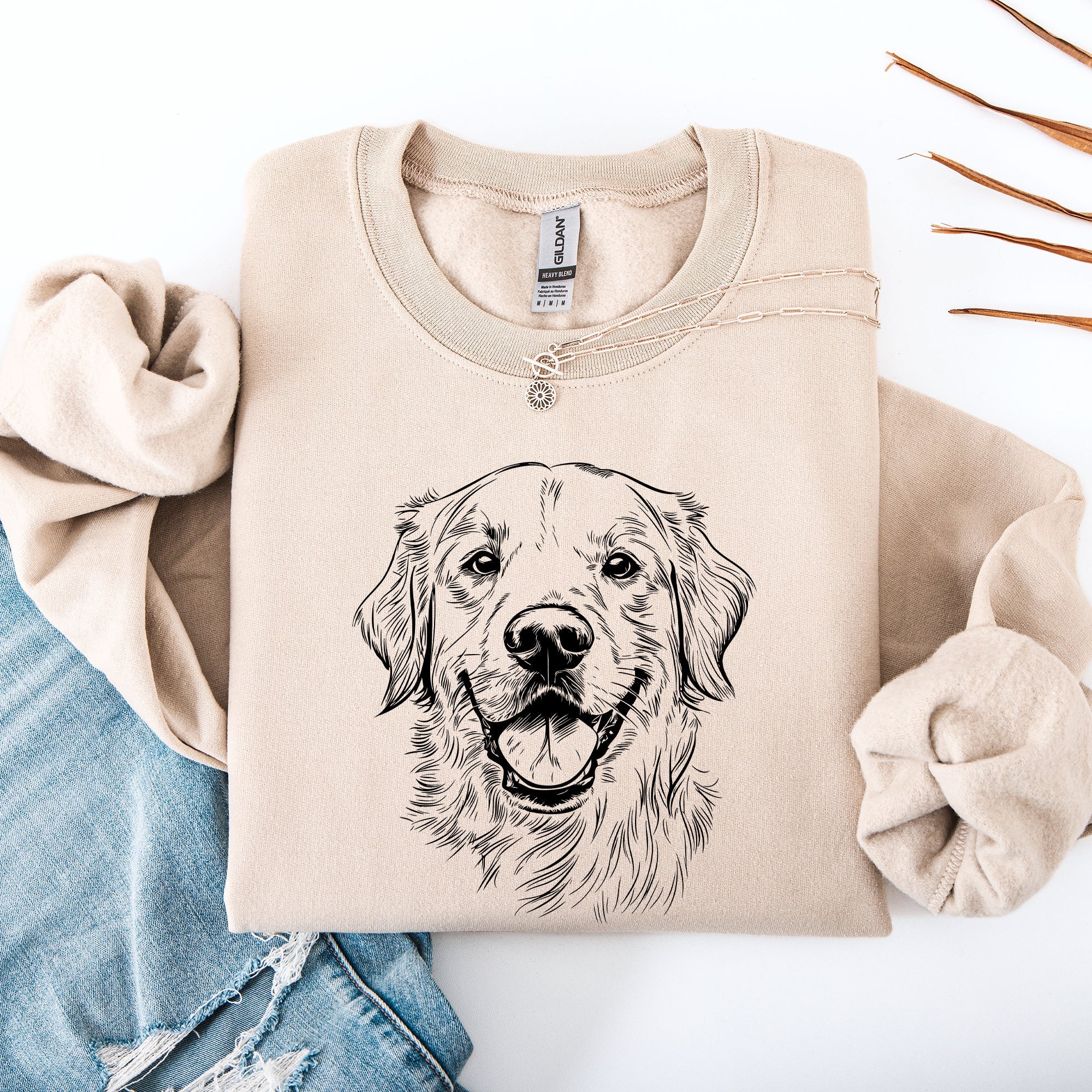 Golden Retriever Dog Lover Portrait Logo With Paw Prints And Heart Design Sweatshirt