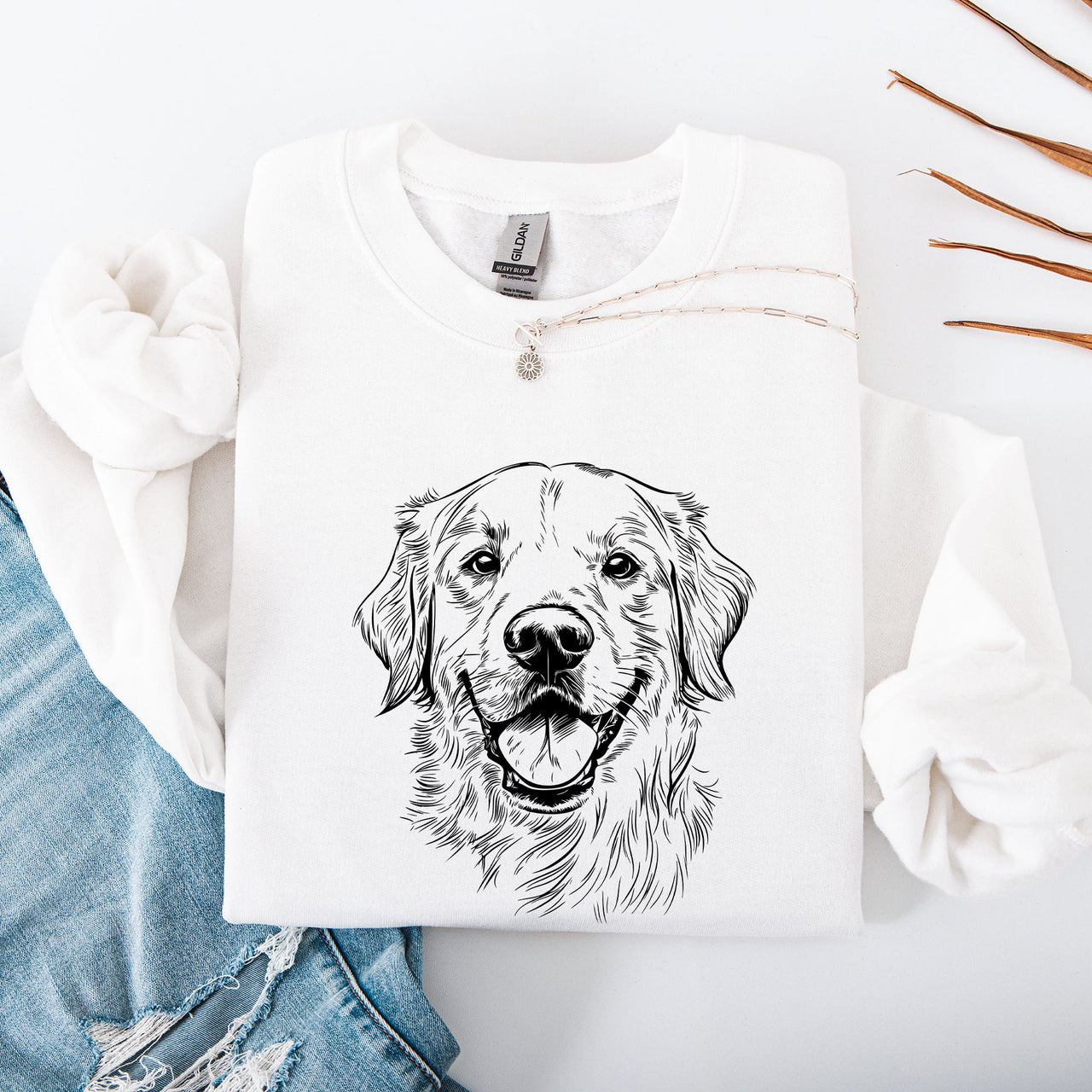 Golden Retriever Dog Lover Portrait Logo With Paw Prints And Heart Design Sweatshirt