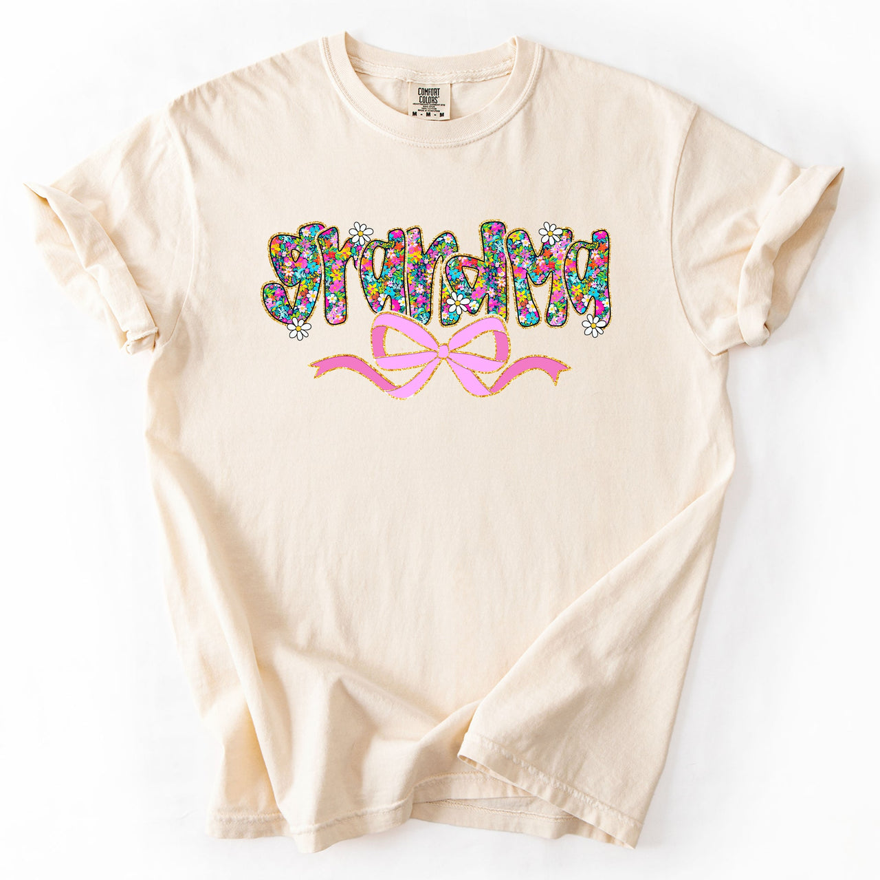 Grandma Mother's Day Ribbon Bow Floral Pastel Colorful Blossom Celebration Comfort Colors Tee
