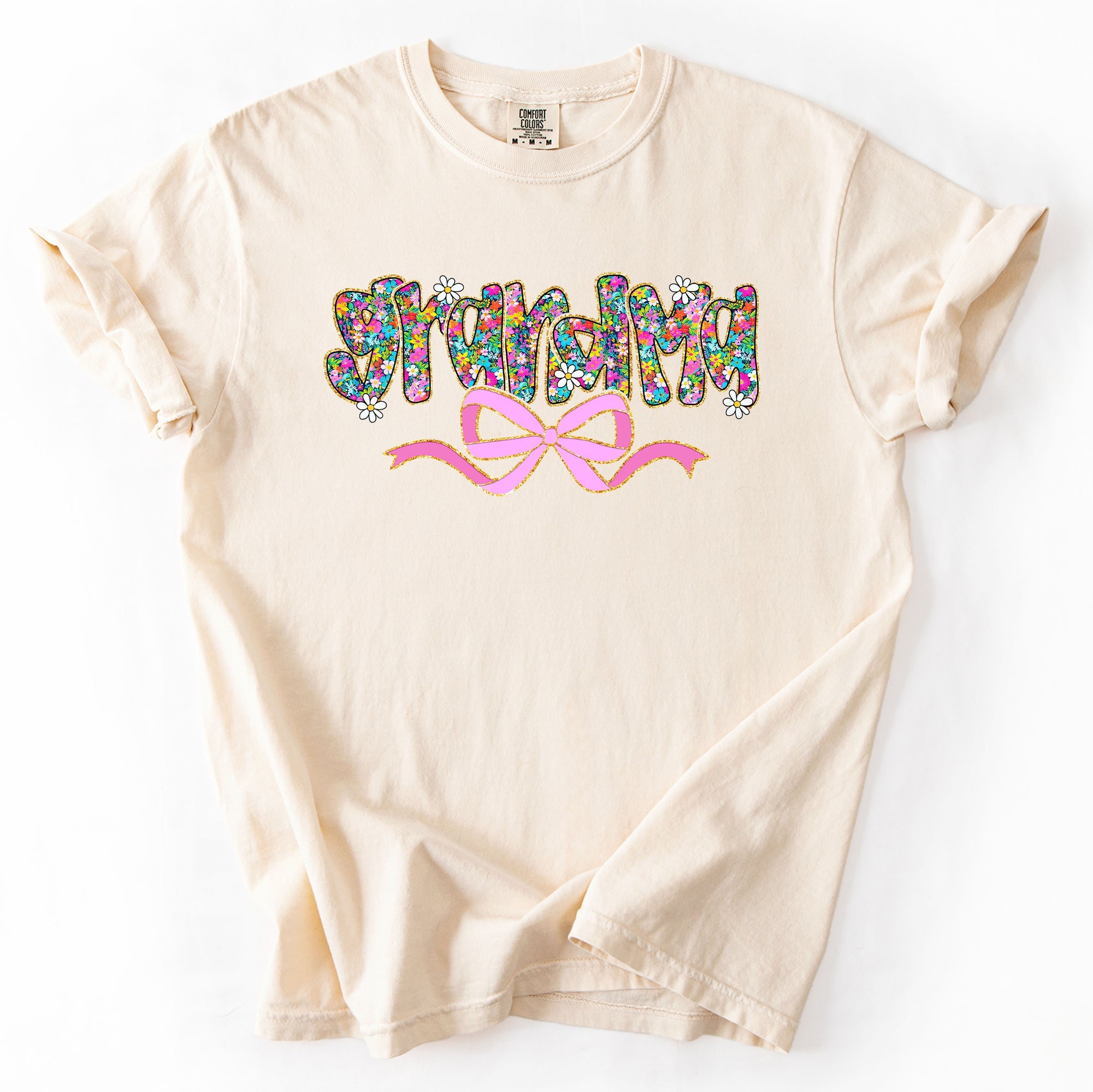 Grandma Mother's Day Ribbon Bow Floral Pastel Colorful Blossom Celebration Comfort Colors Tee