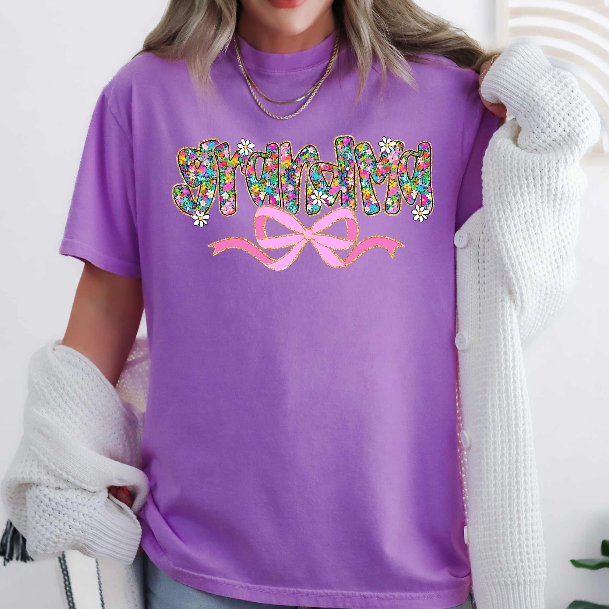 Grandma Mother's Day Ribbon Bow Floral Pastel Colorful Blossom Celebration Comfort Colors Tee