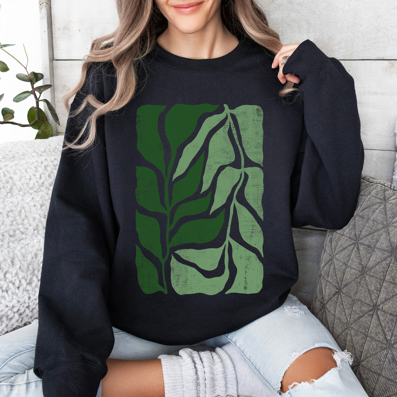 Green Leaf Botanica Vintage Boho Nature Inspired Minimalist Botanical Print Sweatshirt