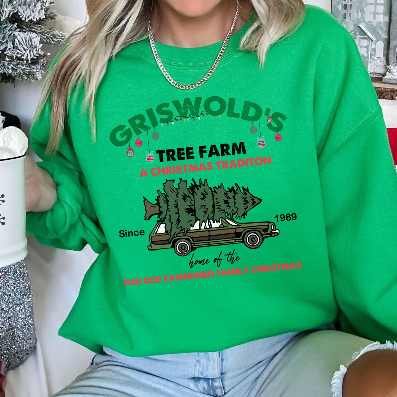 Griswold's Tree Farm Christmas Holiday Cozy Farmhouse Scene With Pine And Lights Sweatshirt