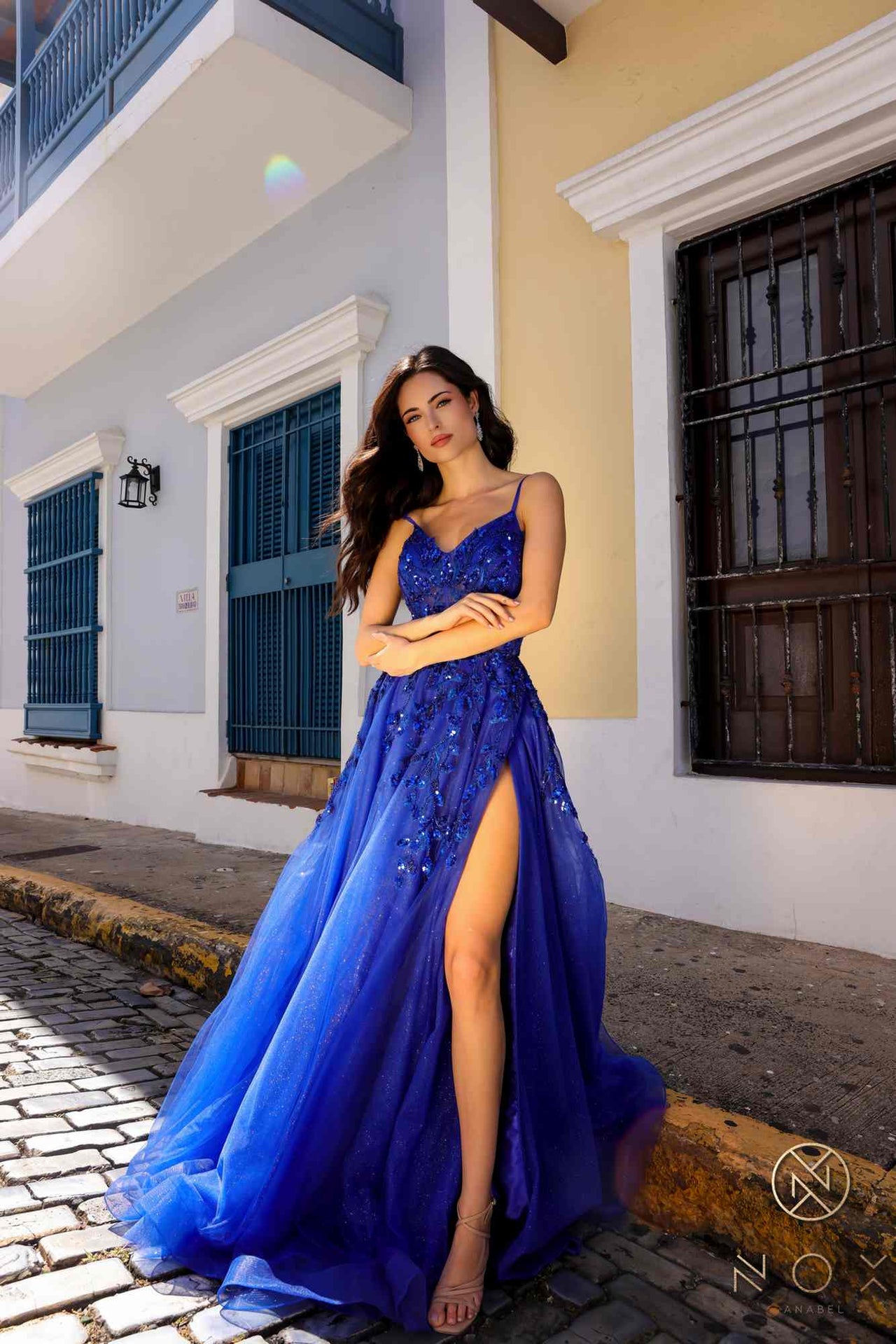Nox Anabel H1350 Long A-Line Glitter Tulle Embroidered Sequin Applique Dress