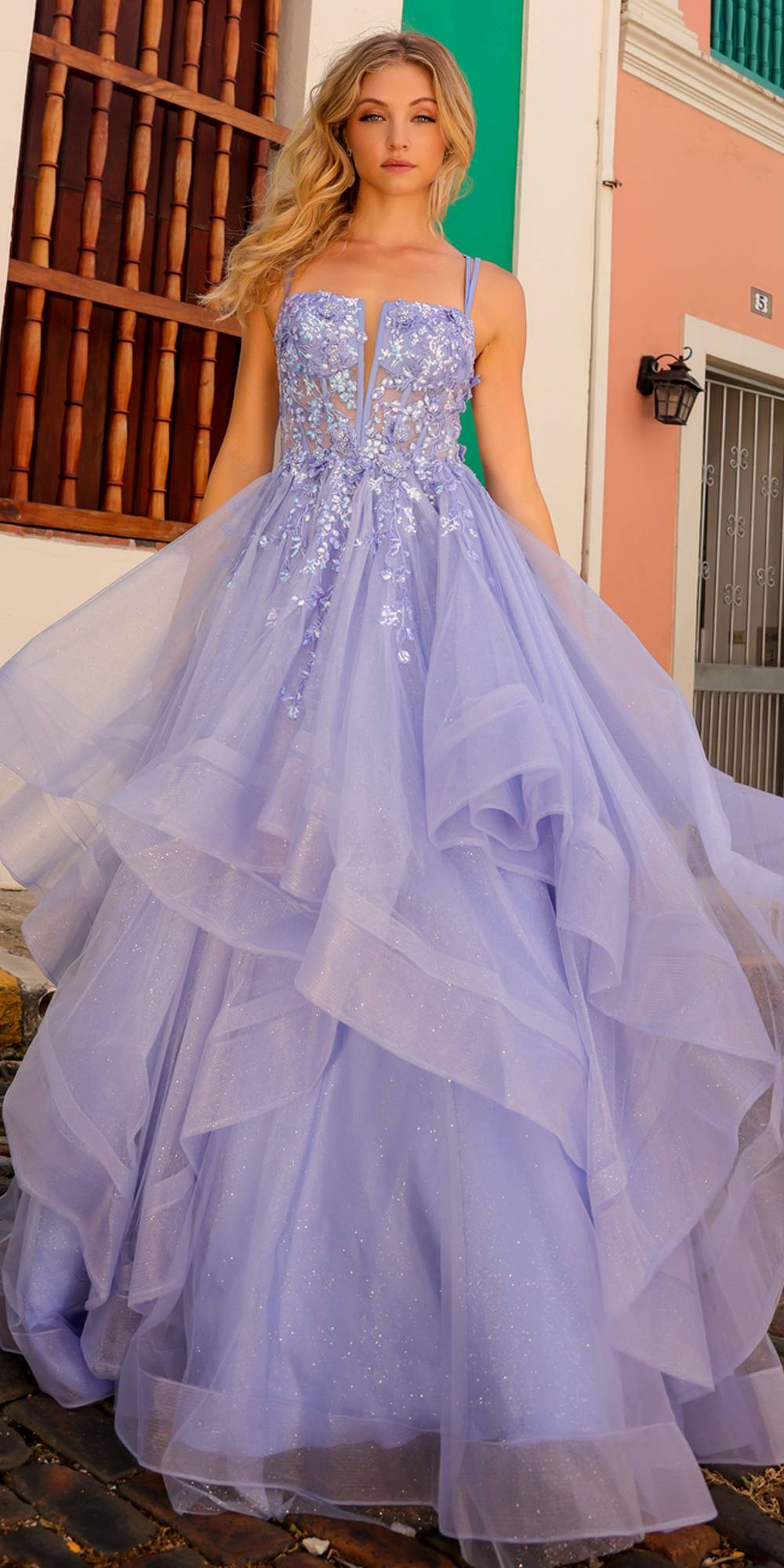 Nox Anabel H1351 Long A-Line Tiered Layered Ruffled Tulle Ballgown