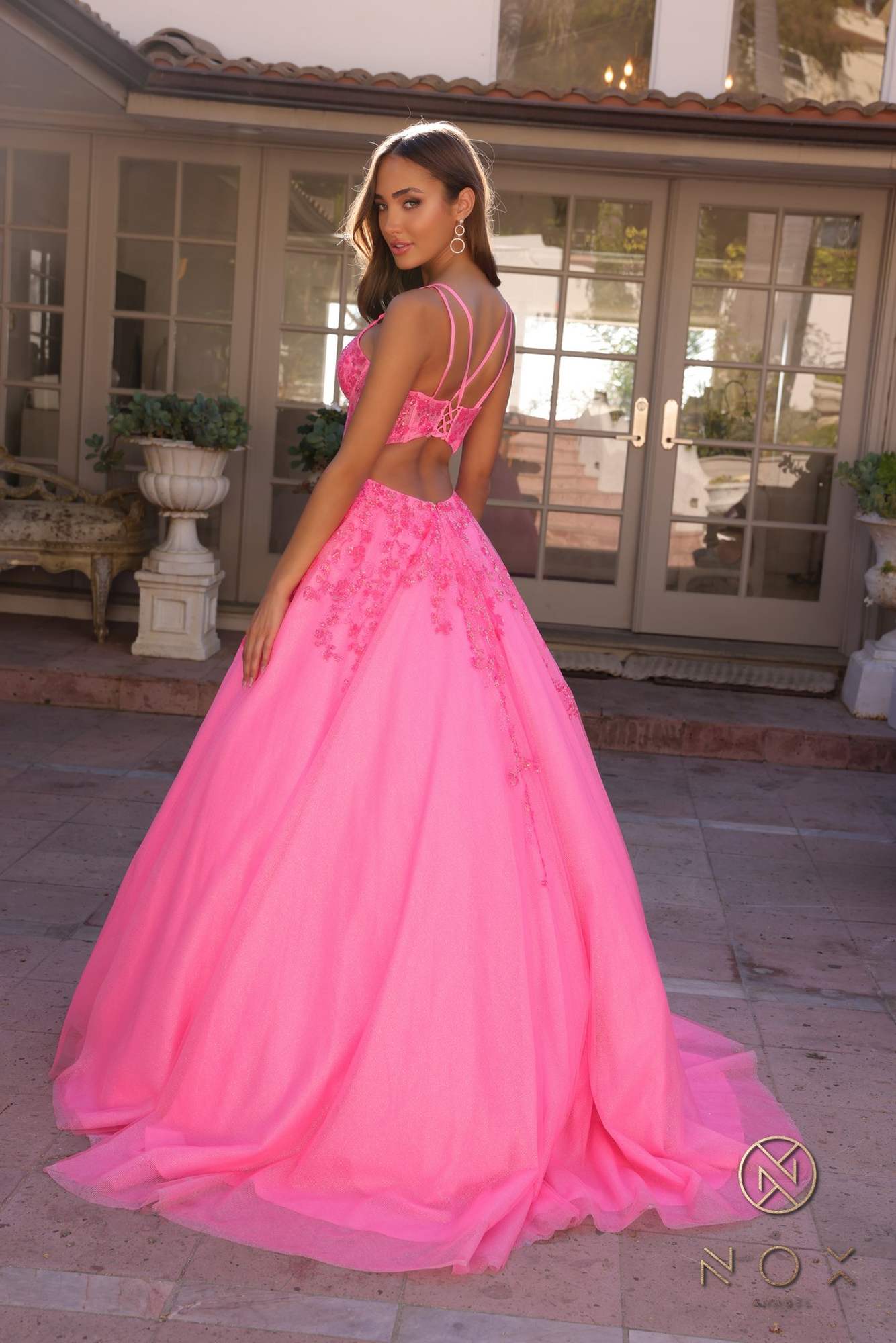 Nox Anabel H1357 Plunging Illusion Neckline Corset A-Line Ballgown