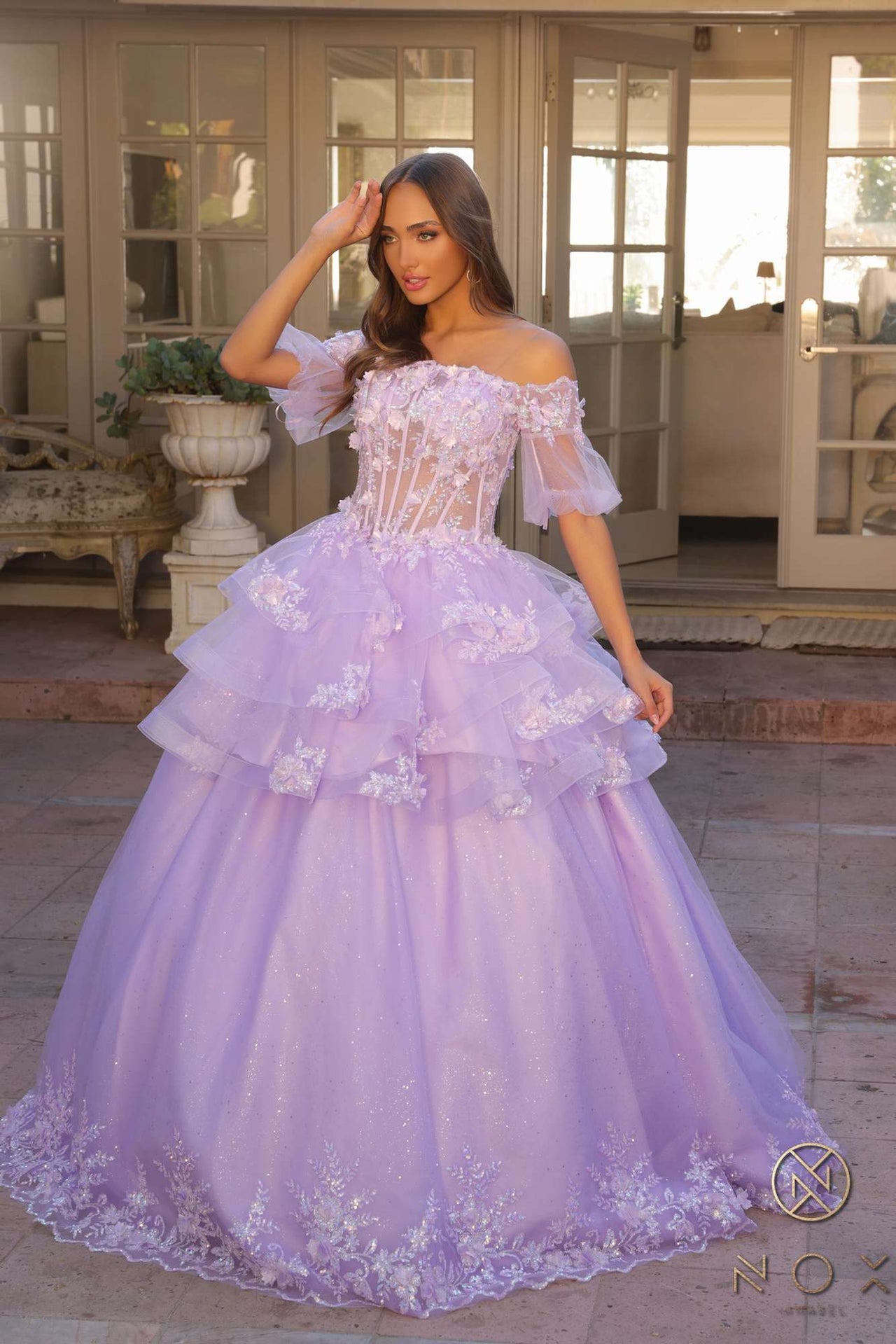 Nox Anabel H1360 Off the Shoulder 3D Floral A-Line Gown Removable Skirt