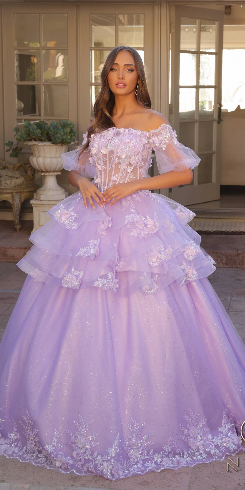Nox Anabel H1360 Off the Shoulder 3D Floral A-Line Gown Removable Skirt