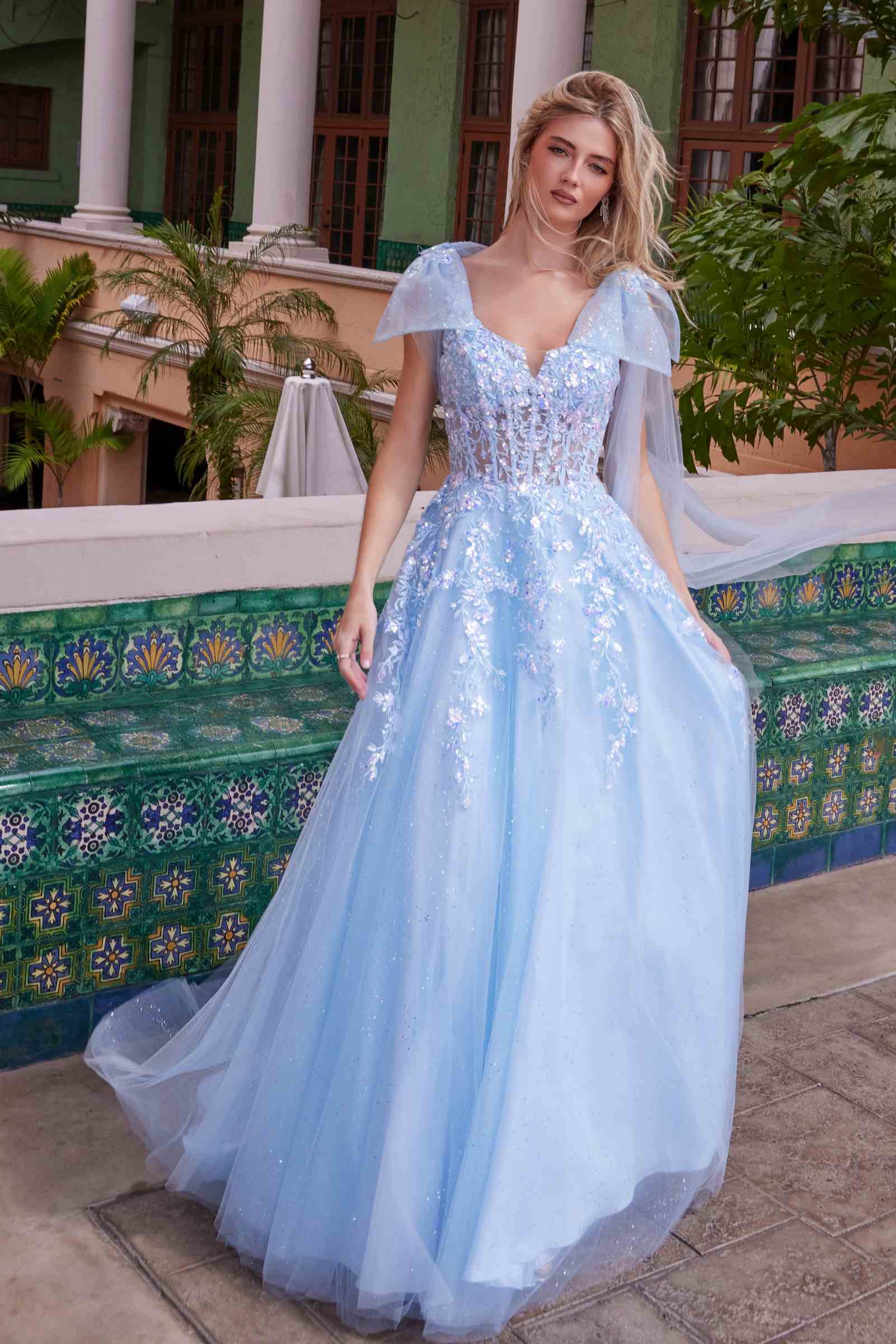 Nox Anabel H1680 Draped Tie-Up Straps Applique Tulle Dress
